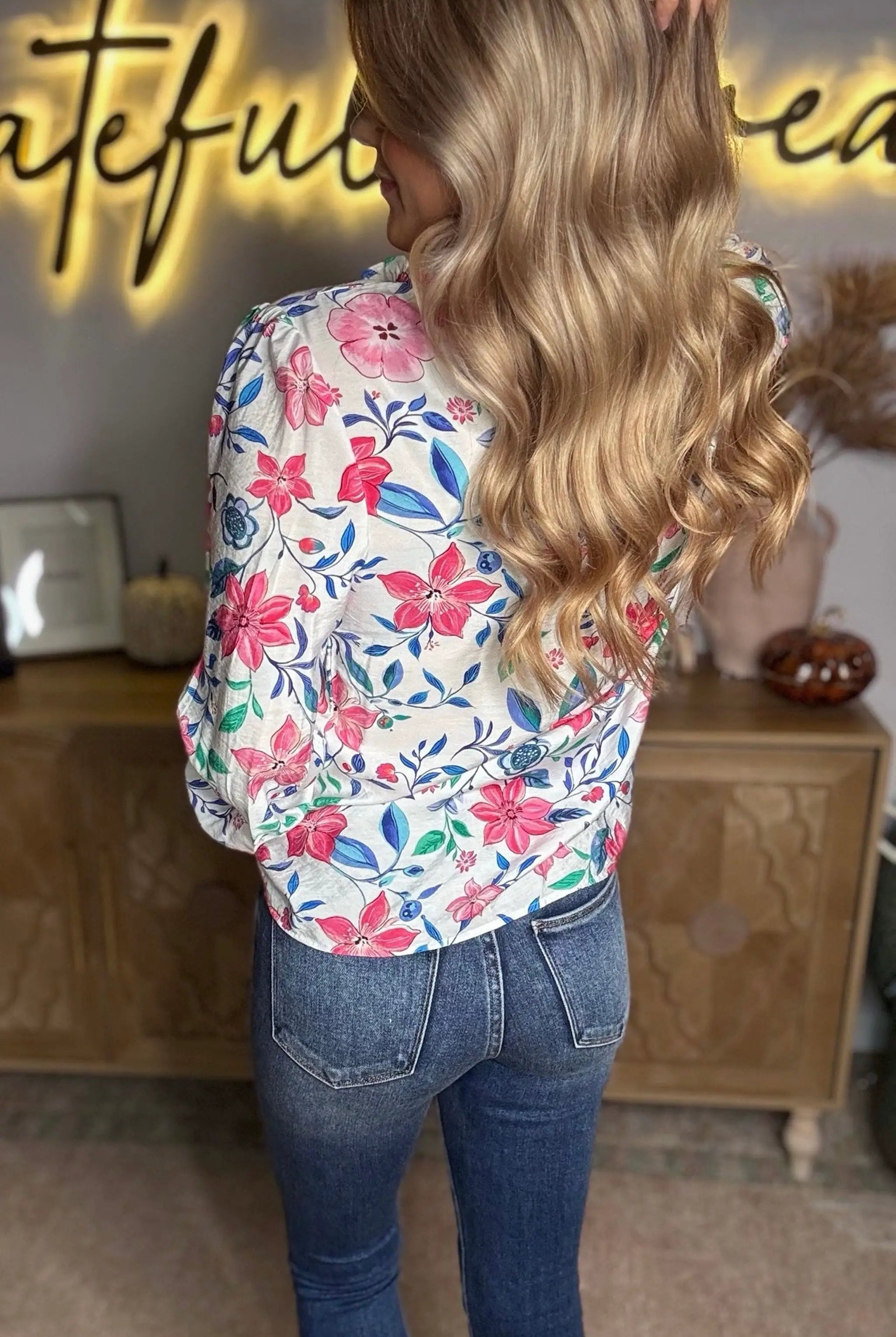 Grateful Threads Boutique Pink Floral Print Lace Detail Button-up Long Sleeve Shirt - Shirts Pink Floral Print Lace Detail Button-up Long Sleeve Shirt