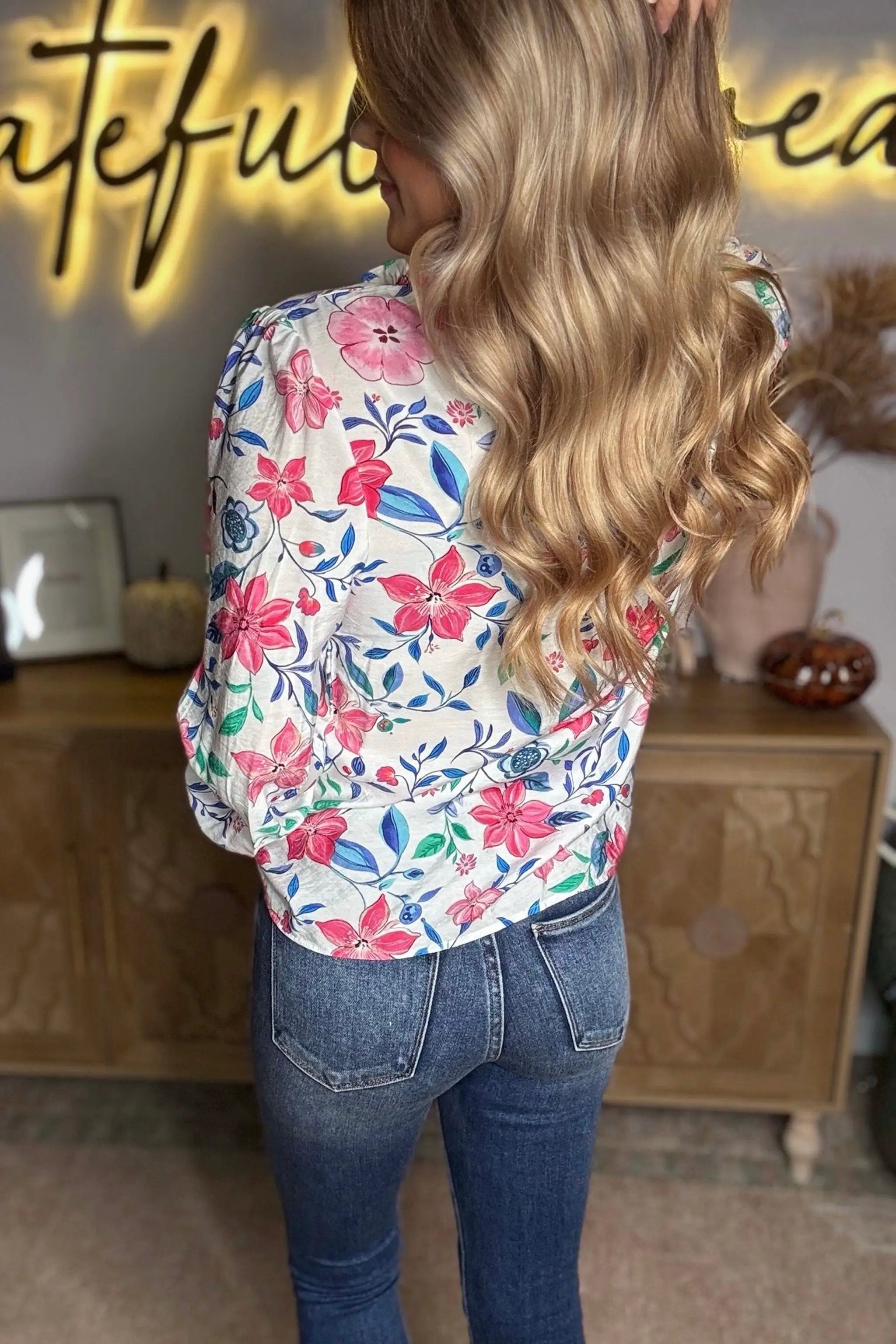 Grateful Threads Boutique Pink Floral Print Lace Detail Button-up Long Sleeve Shirt - Shirts Pink Floral Print Lace Detail Button-up Long Sleeve Shirt