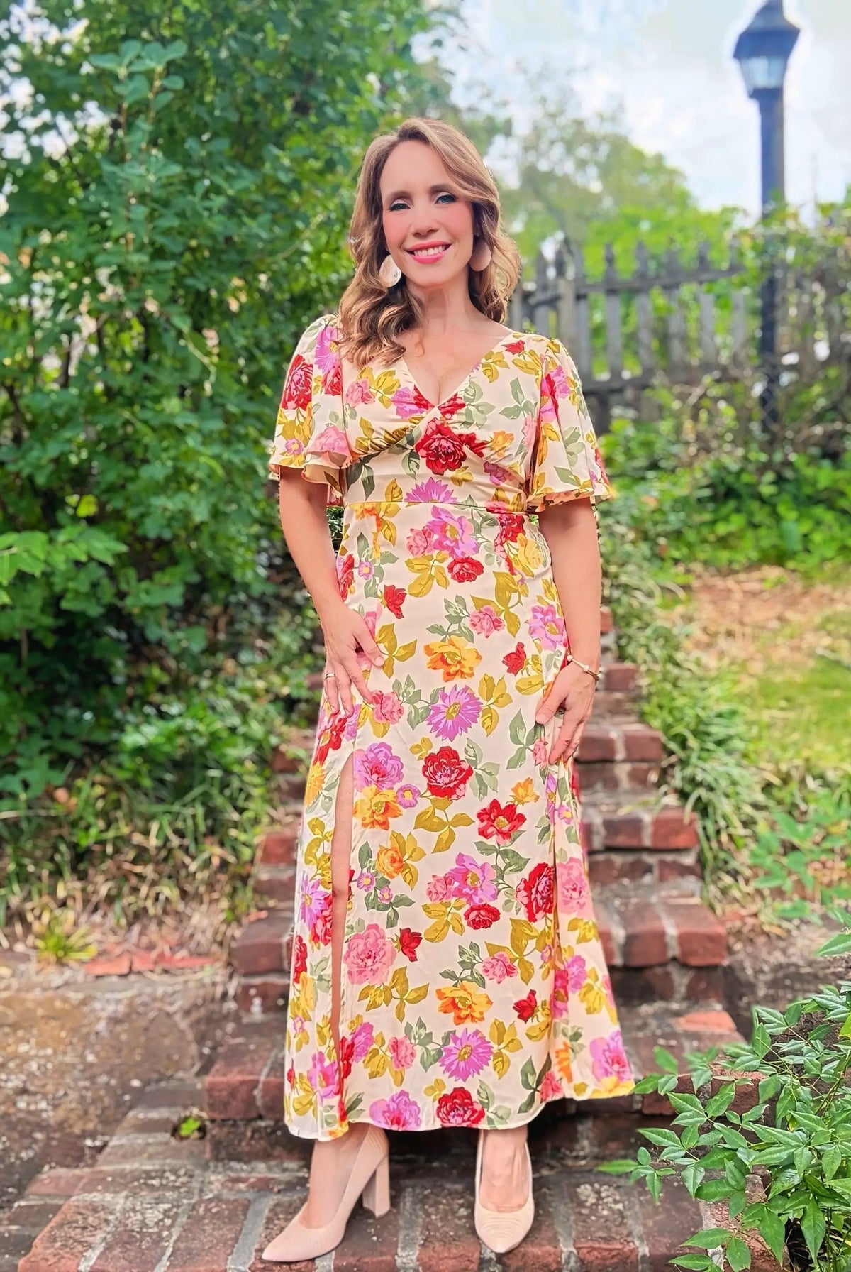 Grateful Threads Boutique Garden Party Escape Maxi Dress - Dresses vintage floral v neck short sleeve tie back long slit dress