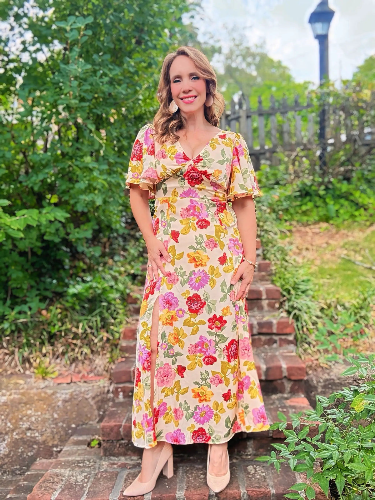Grateful Threads Boutique Garden Party Escape Maxi Dress - Dresses vintage floral v neck short sleeve tie back long slit dress