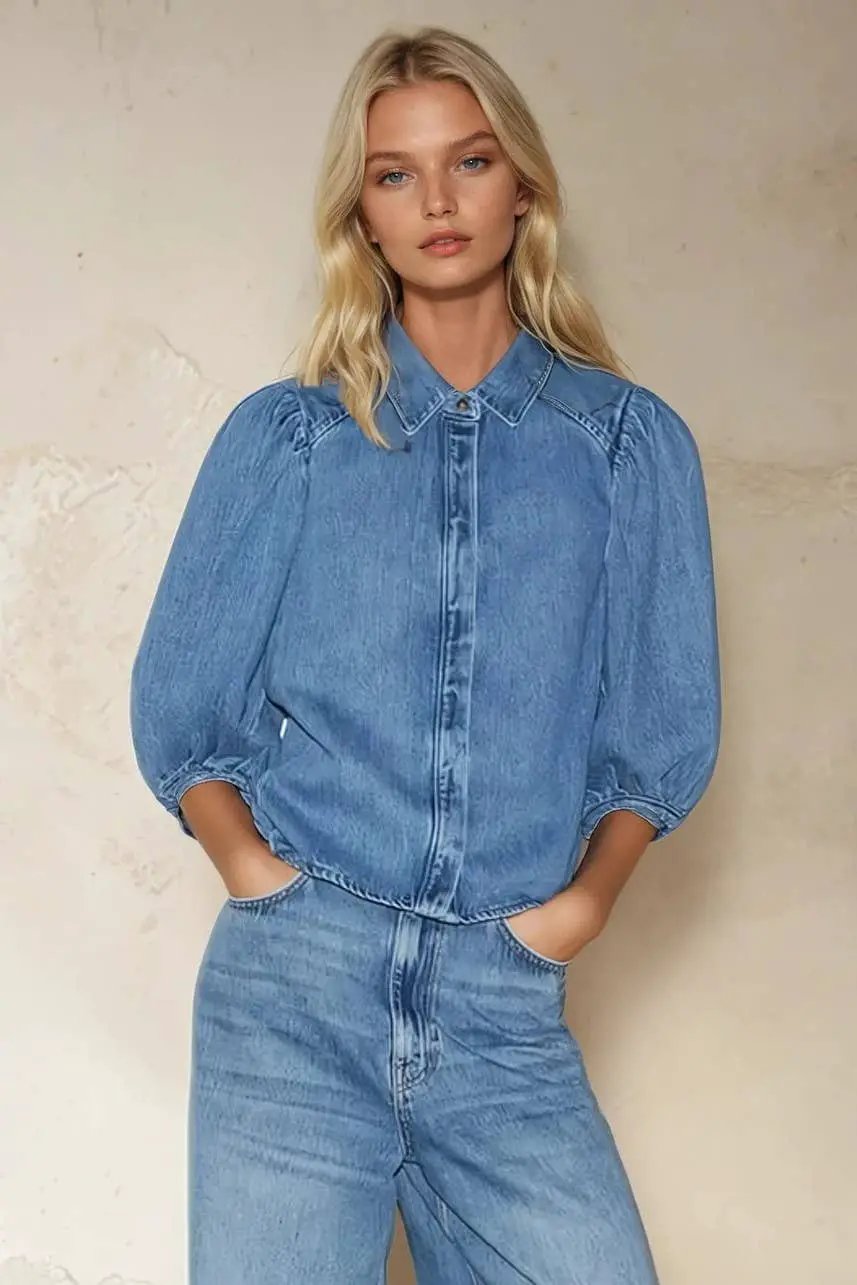 WISTERIA LANE Wisteria Lane - Blue Jean Darling Balloon Sleeve Denim Shirt - Blouses
