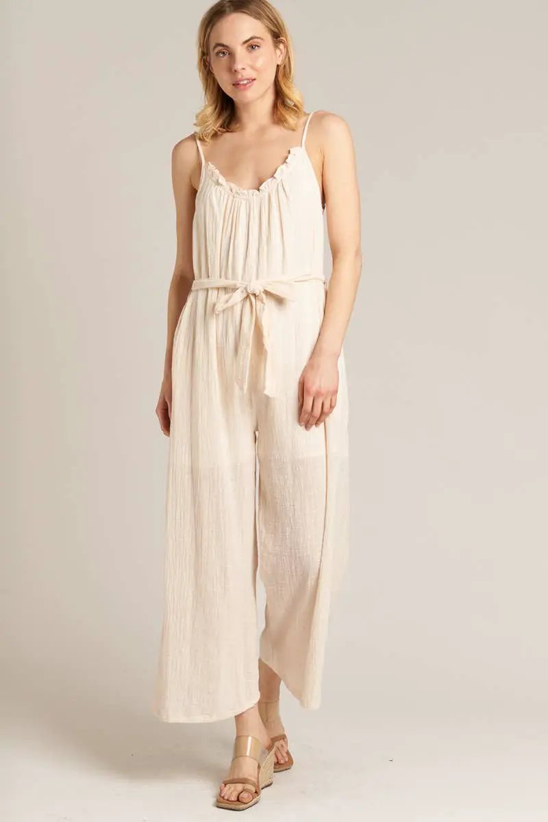 En Crème En Crème Cream Sleeveless Belted Jumpsuit - One-Pieces cream belted jumpsuit