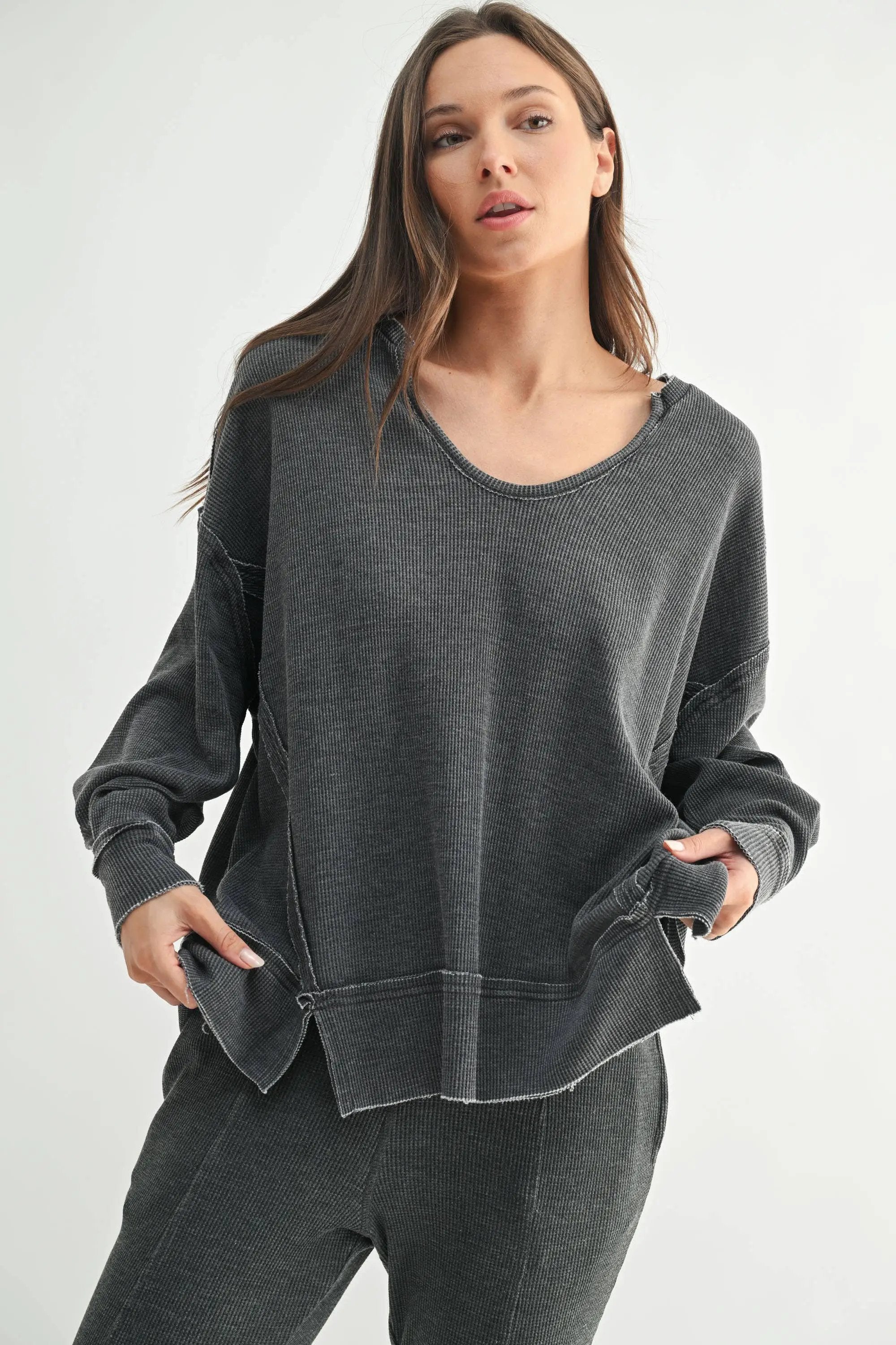 Mono B Mono B - Cotton Blend Waffle Knit Oversized Long Sleeve - Sweatshirts Mono B - Cotton Blend Waffle Knit Oversized Long Sleeve