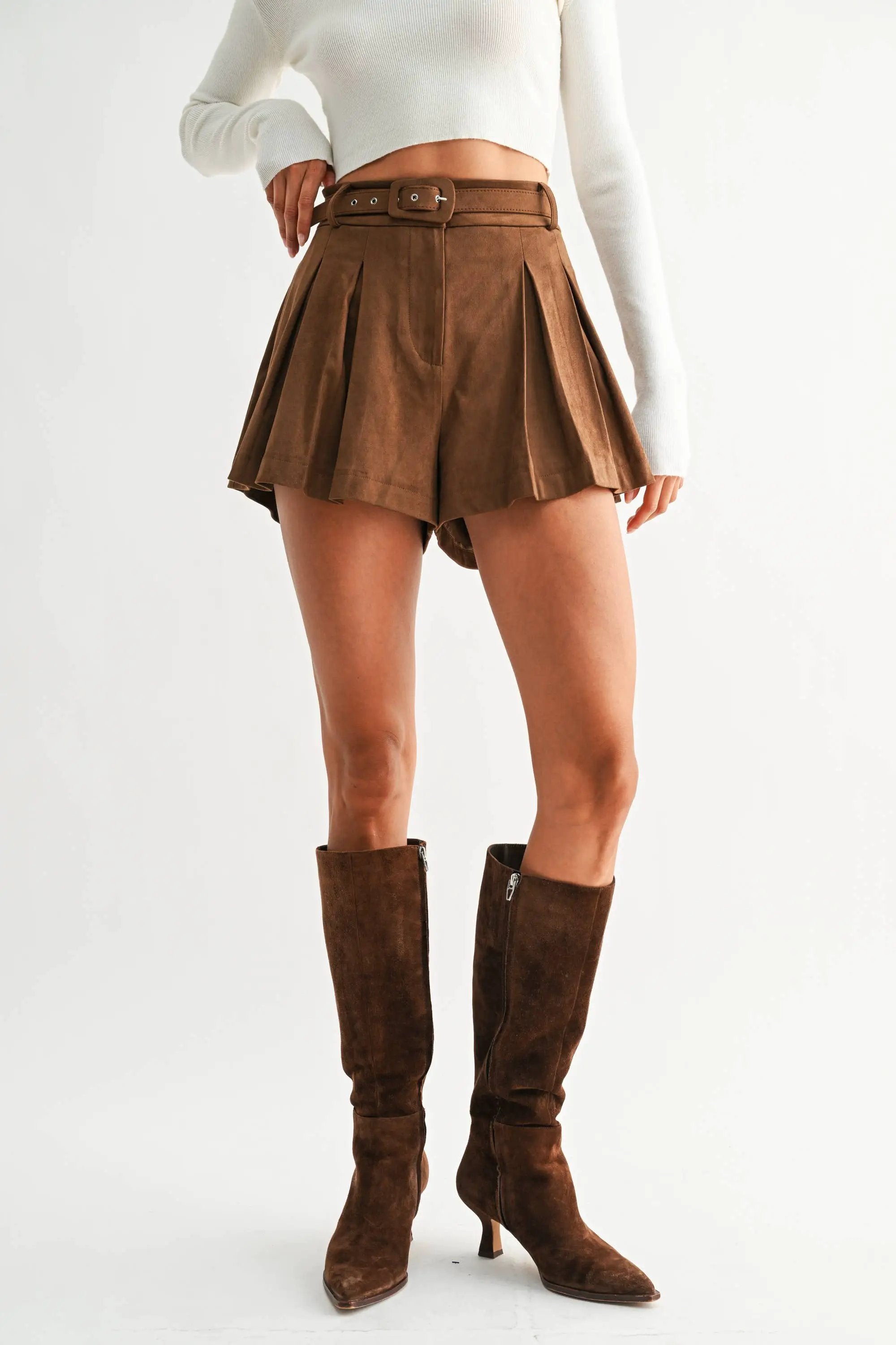 Camellia The Rich Caramel Suede Belted High-Waist Pleated Shorts - Shorts shorts