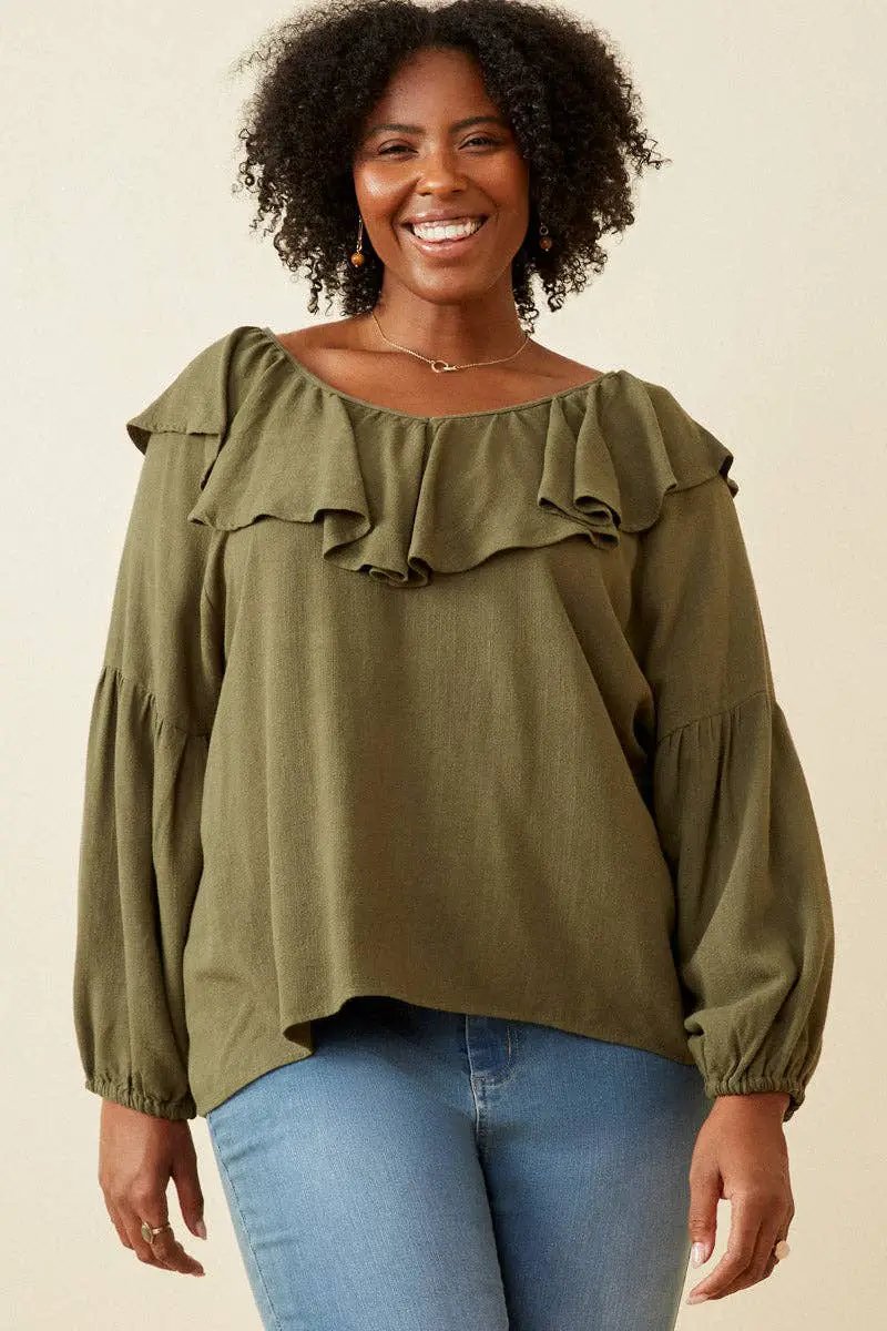Hayden LA Hayden LA - Womens Exaggerated Ruffled V-Neck Puff Sleeve Top: Olive - Blouses top-blouse