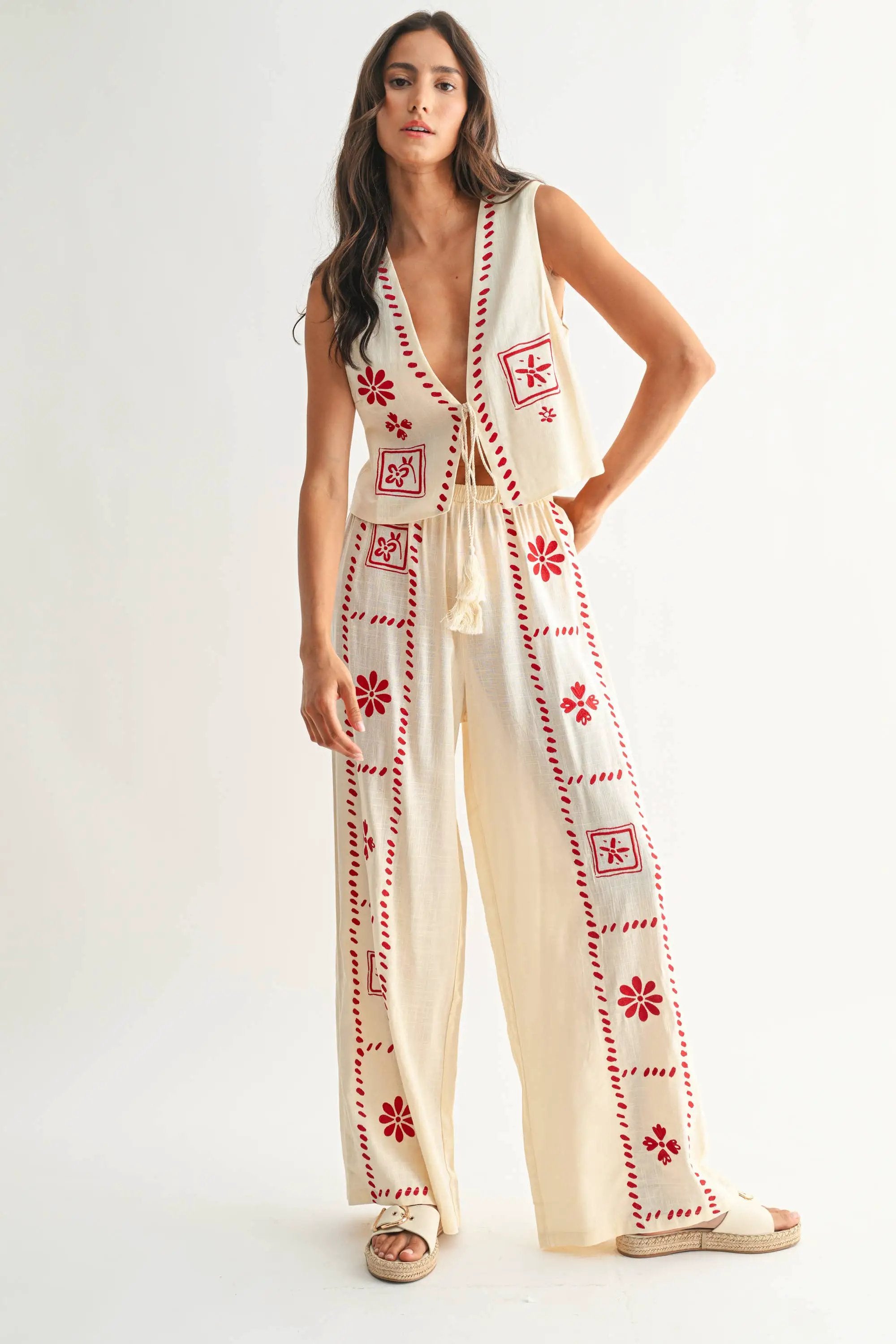 Camellia The Scarlet Stitch Linen Vest & Pant Set – Cream/Red - Outfit Sets