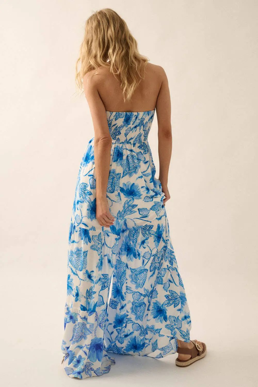Promesa USA Cream & Blue Floral Crepe Strapless Wide-Leg Ruffle Jumpsuit - One-Pieces Promesa USA Cream & Blue Floral Crepe Strapless Wide-Leg Ruffle Jumpsuit