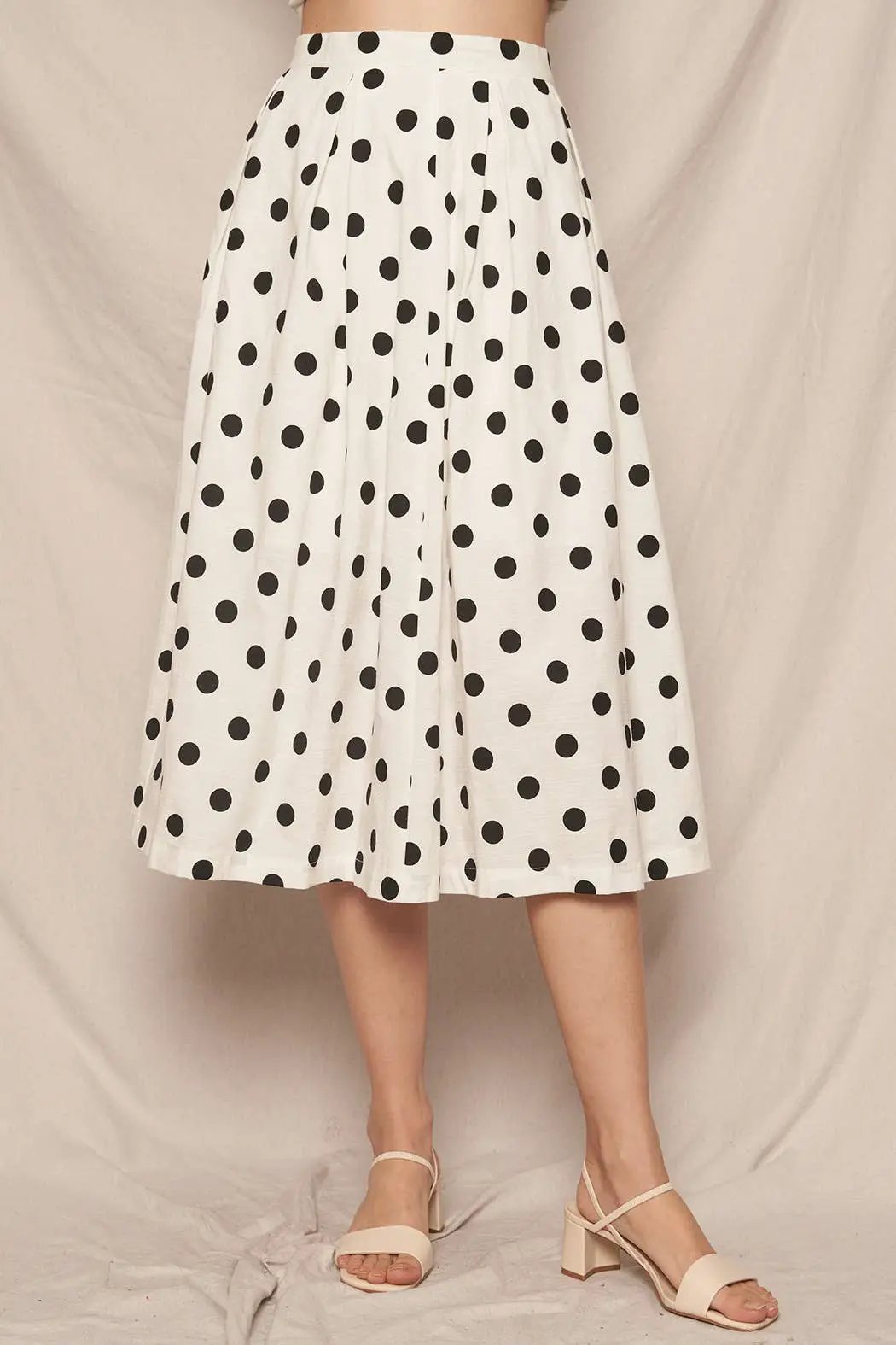 En Crème En Crème White Pleated A-Line Midi Skirt with Black Polka Dots - Skirts