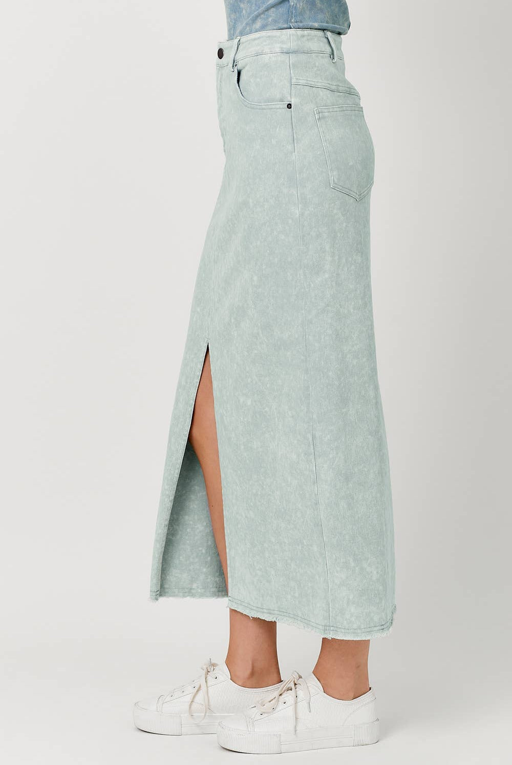Mystree Mystree - Coastal Cool Ice Blue Washed Front Slit Midi Skirt - Skirts