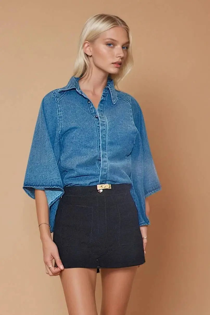 WISTERIA LANE Wisteria Lane - Daydream Denim Trumpet Sleeve Blouse - Blouses