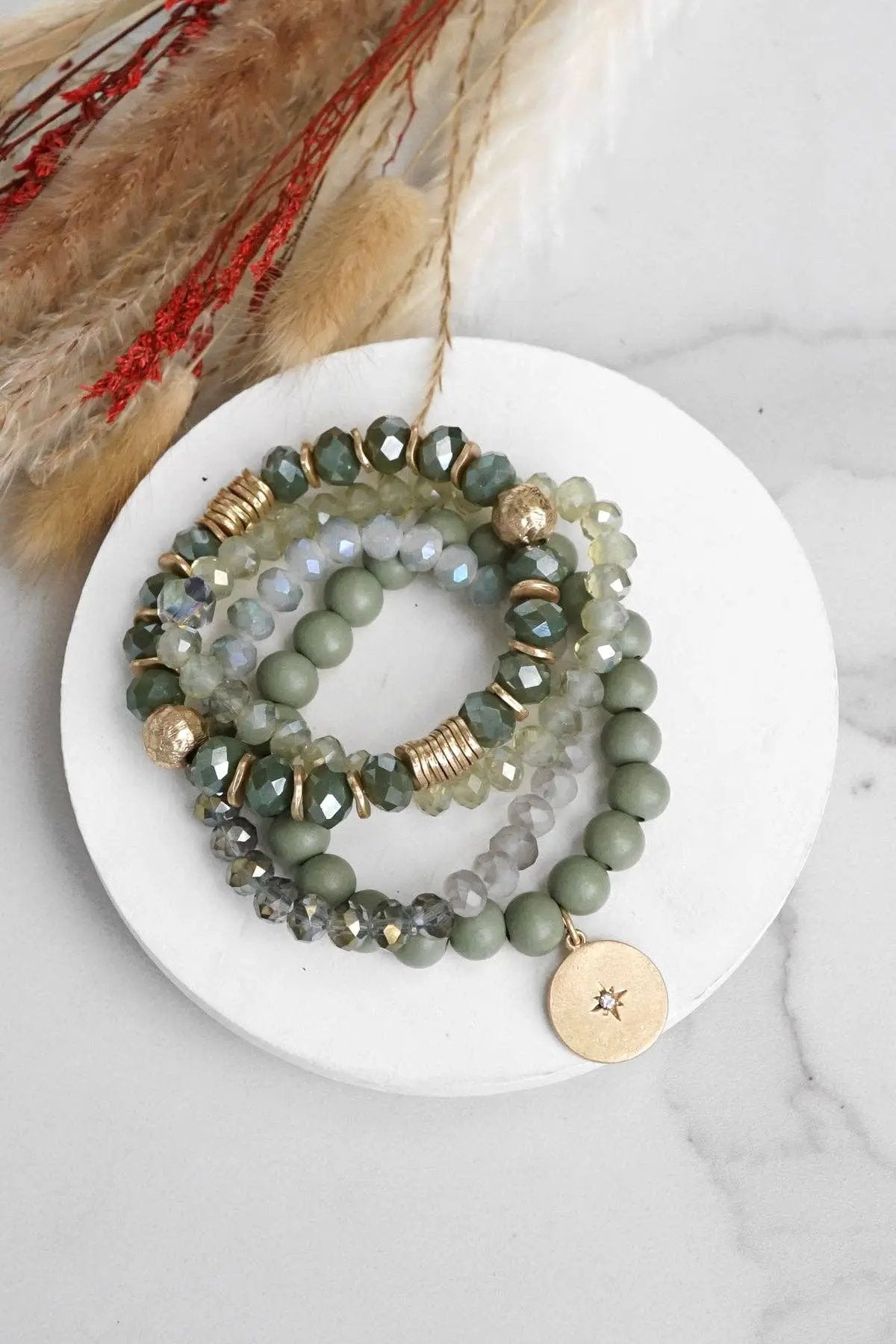 PennyLine inc The Olive Beaded Coin Stack Bracelet Set - Bracelets beaded bracelets stack in olive green