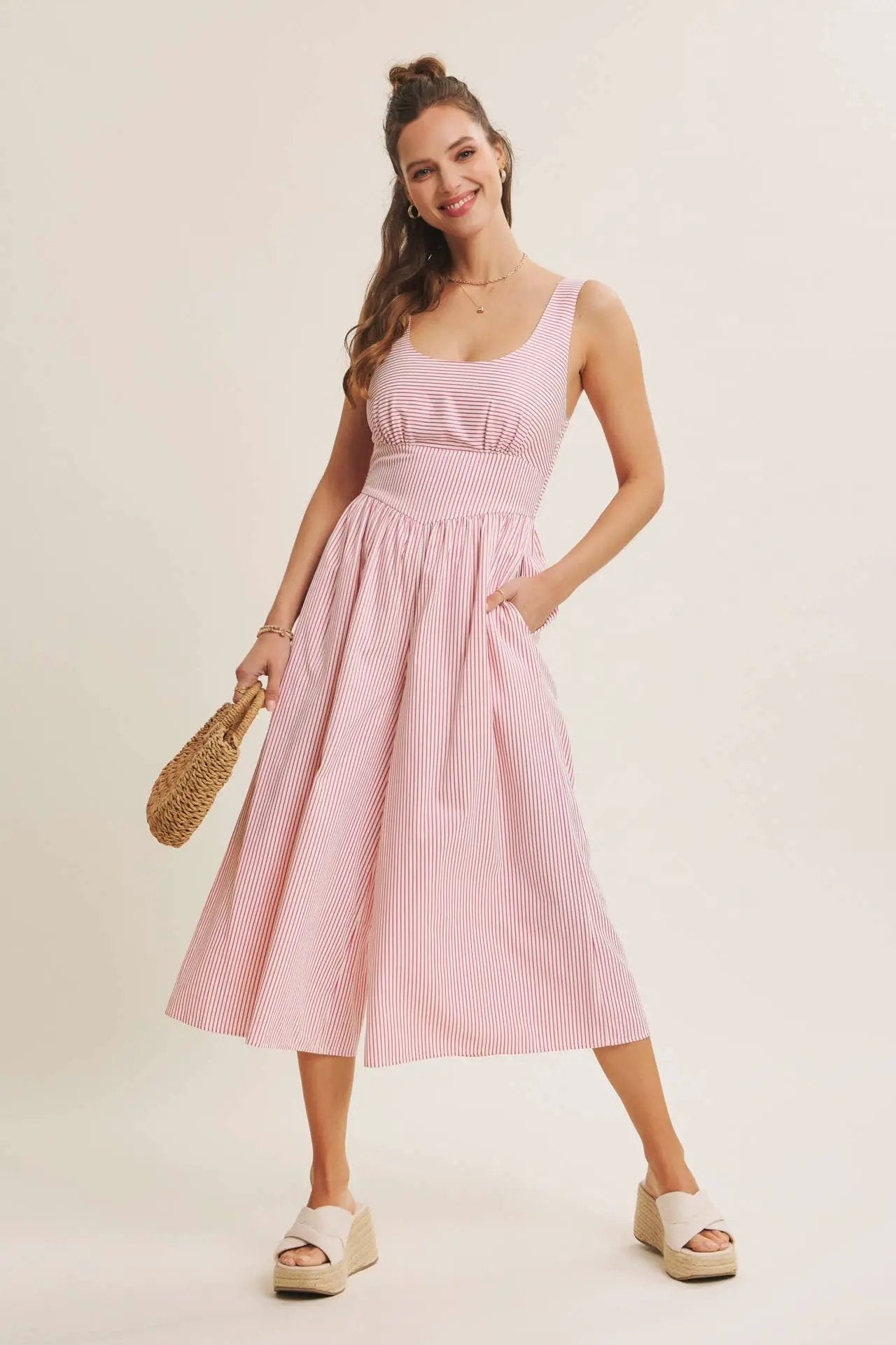 in february The Modern Ease Classic Pinstripe Wide-Leg Jumpsuit: Fuchsia - One-Pieces