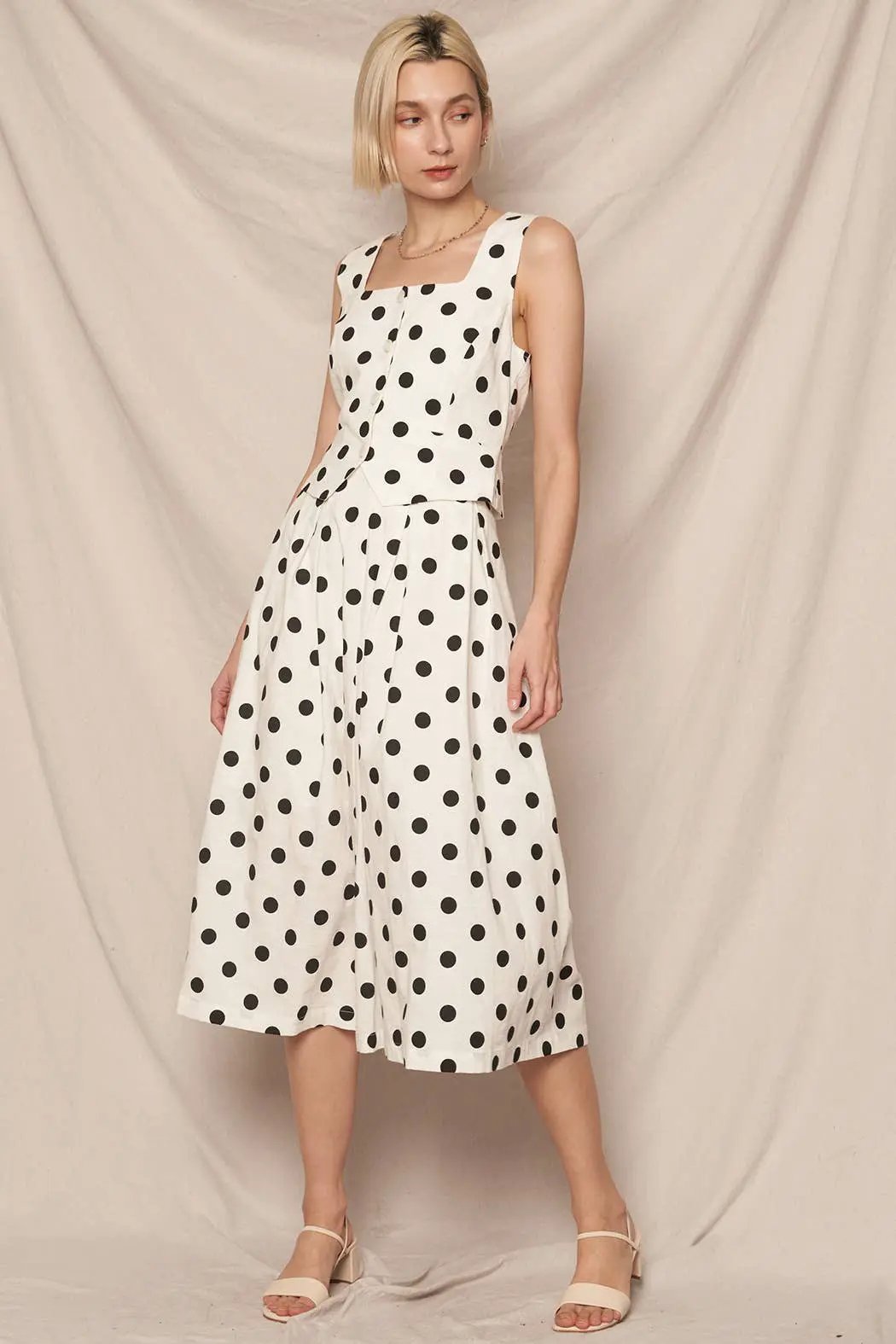 En Crème En Crème White Pleated A-Line Midi Skirt with Black Polka Dots - Skirts