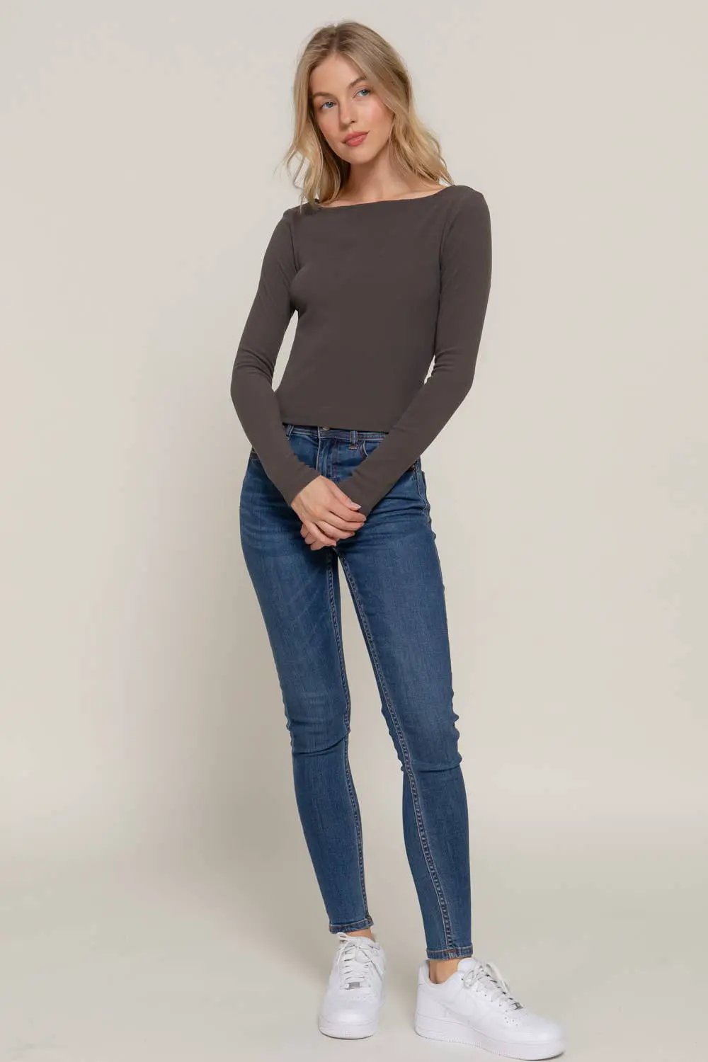 Active Basic | Active USA Active Basic | Active USA - Long Sleeve Boat Neck Brushed Rib Knit Top in Charcoal - Clothing Tops