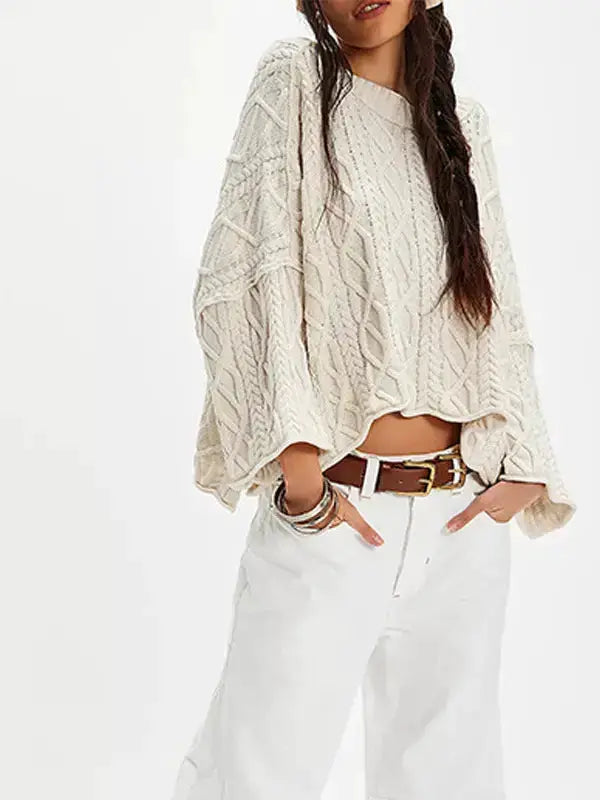 Lovesoft Lovesoft - 100%Acrylic Cropped 7/8 Bell Sleeve Cable Knit Sweater: Apricot - Sweaters