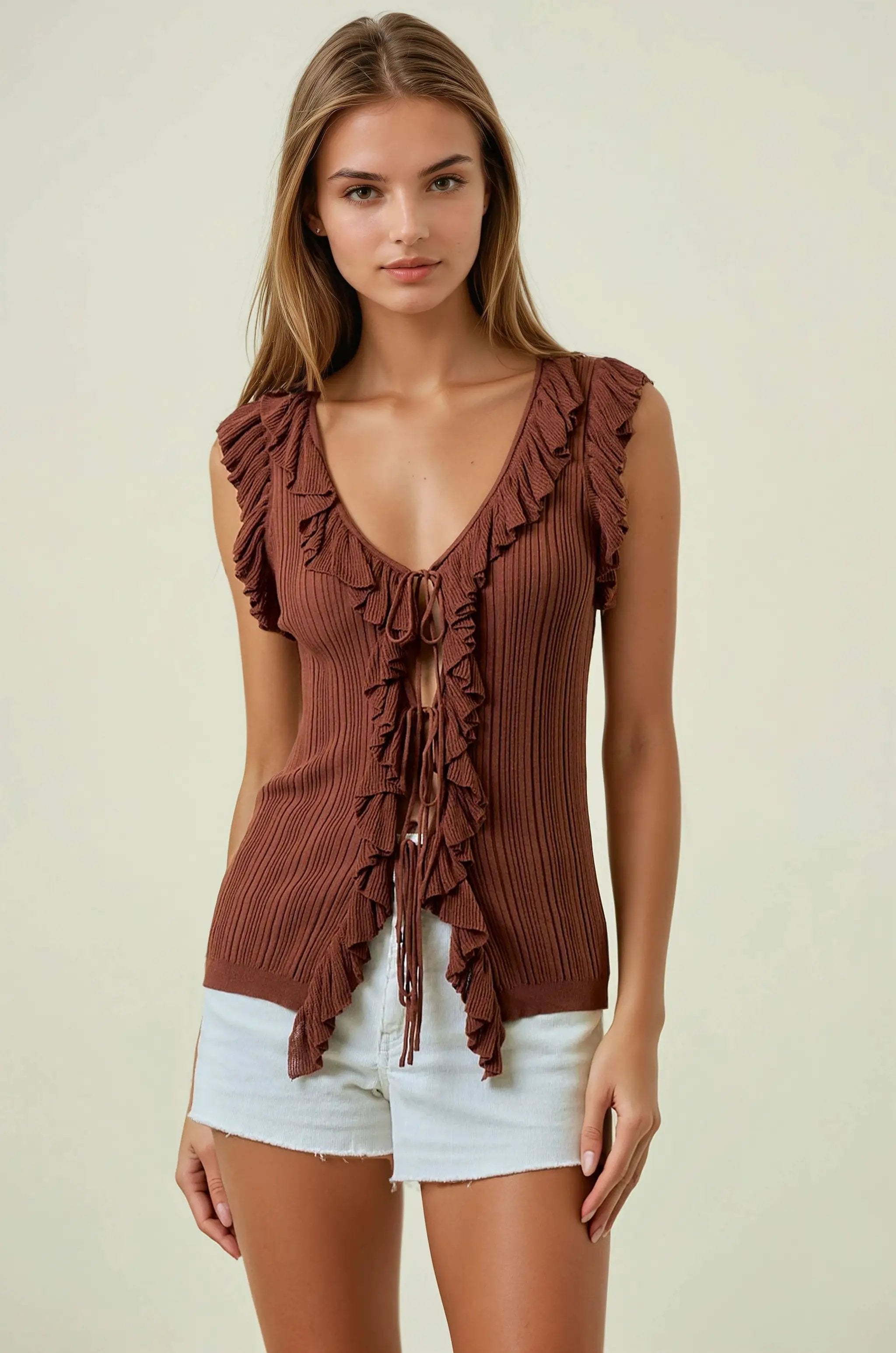 Doe and Rae The Terracotta Ruffle Tie-Front Ribbed Tank - Tank Tops