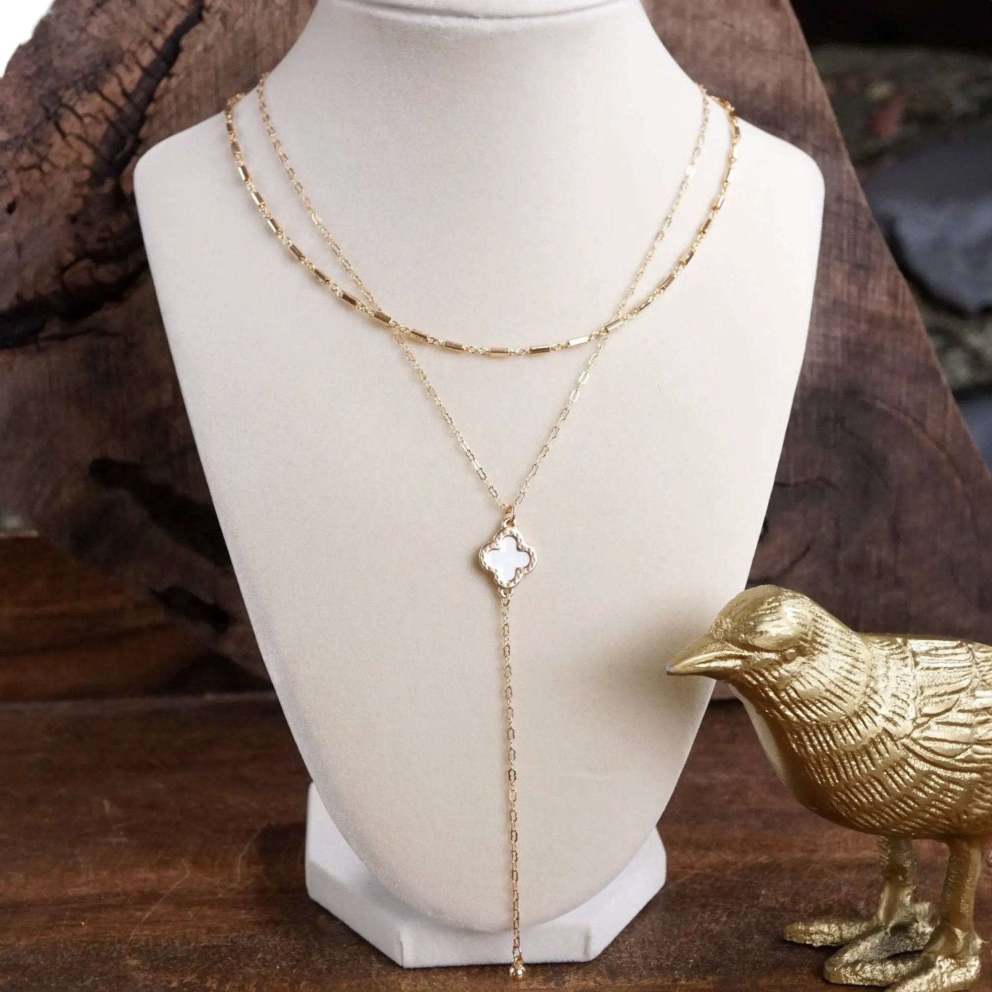 PennyLine inc The Golden Clover Lariat Necklace: White - Necklaces