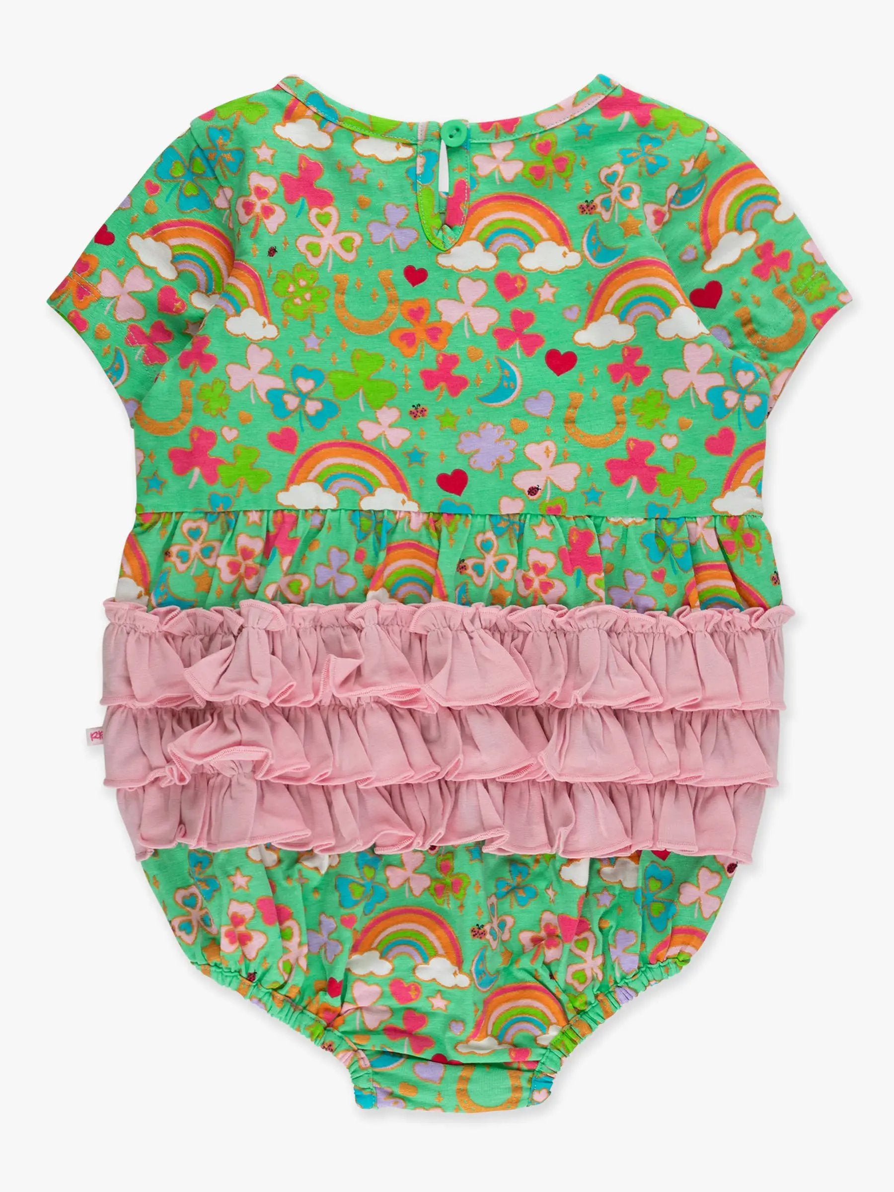 RuffleButts + RuggedButts RuffleButts + RuggedButts - Baby Girls Green Lucky Rainbow Clover Bow Bubble Romper - Baby & Toddler Outfits