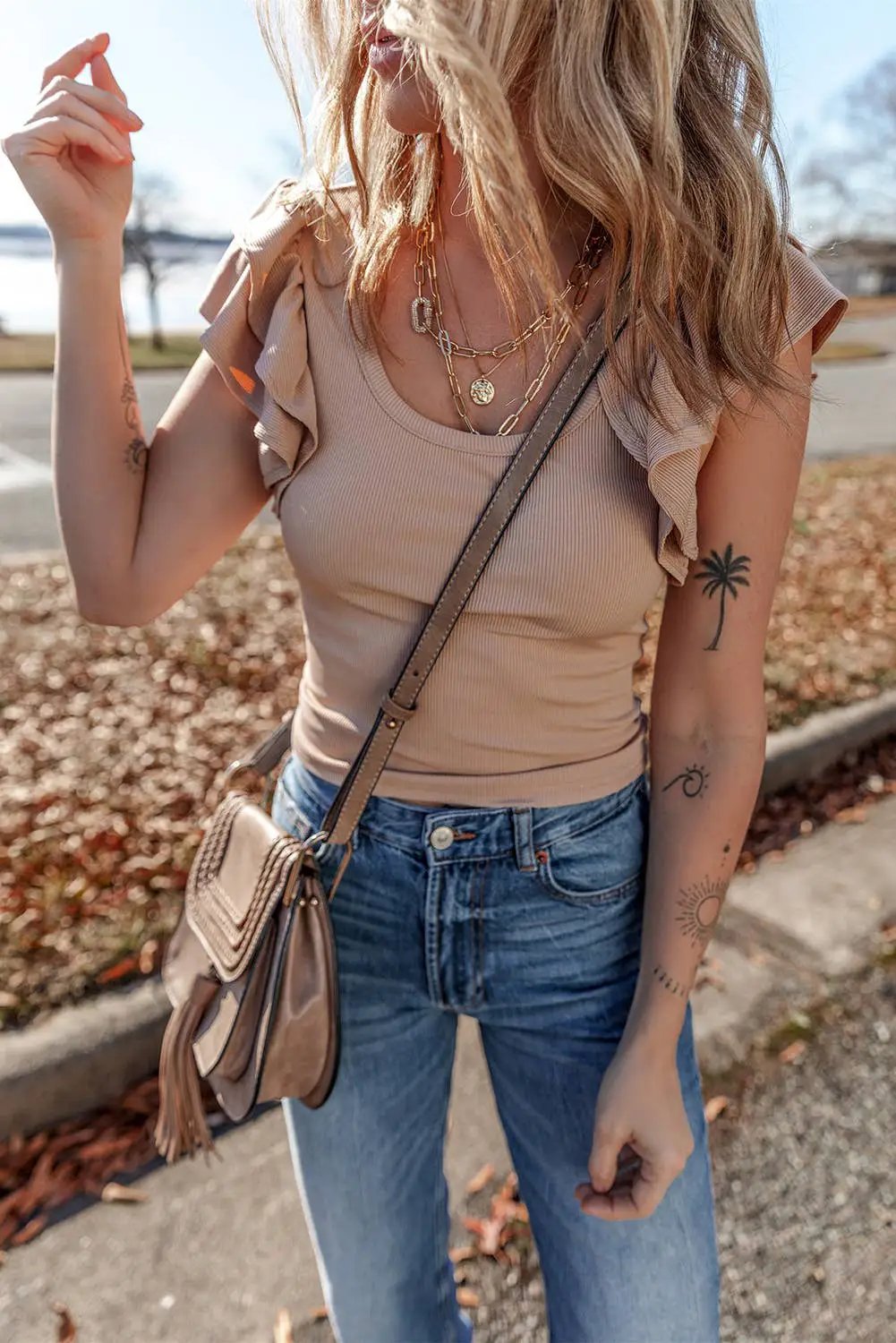 1 the Woman Ribbed Knit Ruffled Shoulder Slim Fit Tank Top - Shirts Ribbed Knit Ruffled Shoulder Slim Fit Tank Top