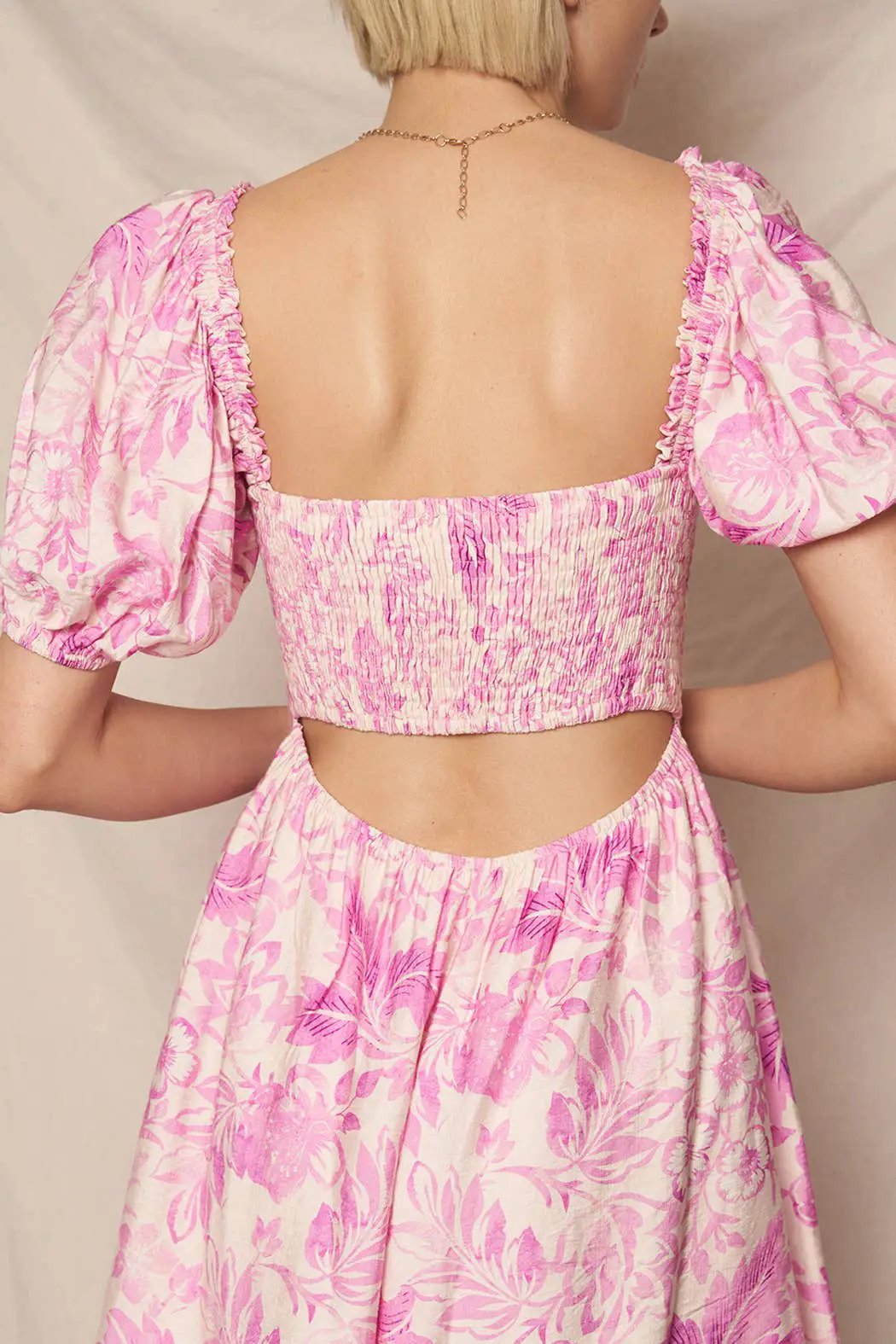 En Crème En Crème Puff Sleeve Tropical Print Mini Dress - Dresses