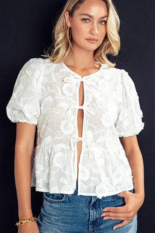 Urban Daizy Romantic Garden Lace Top - Blouses white embroidered bow blouse