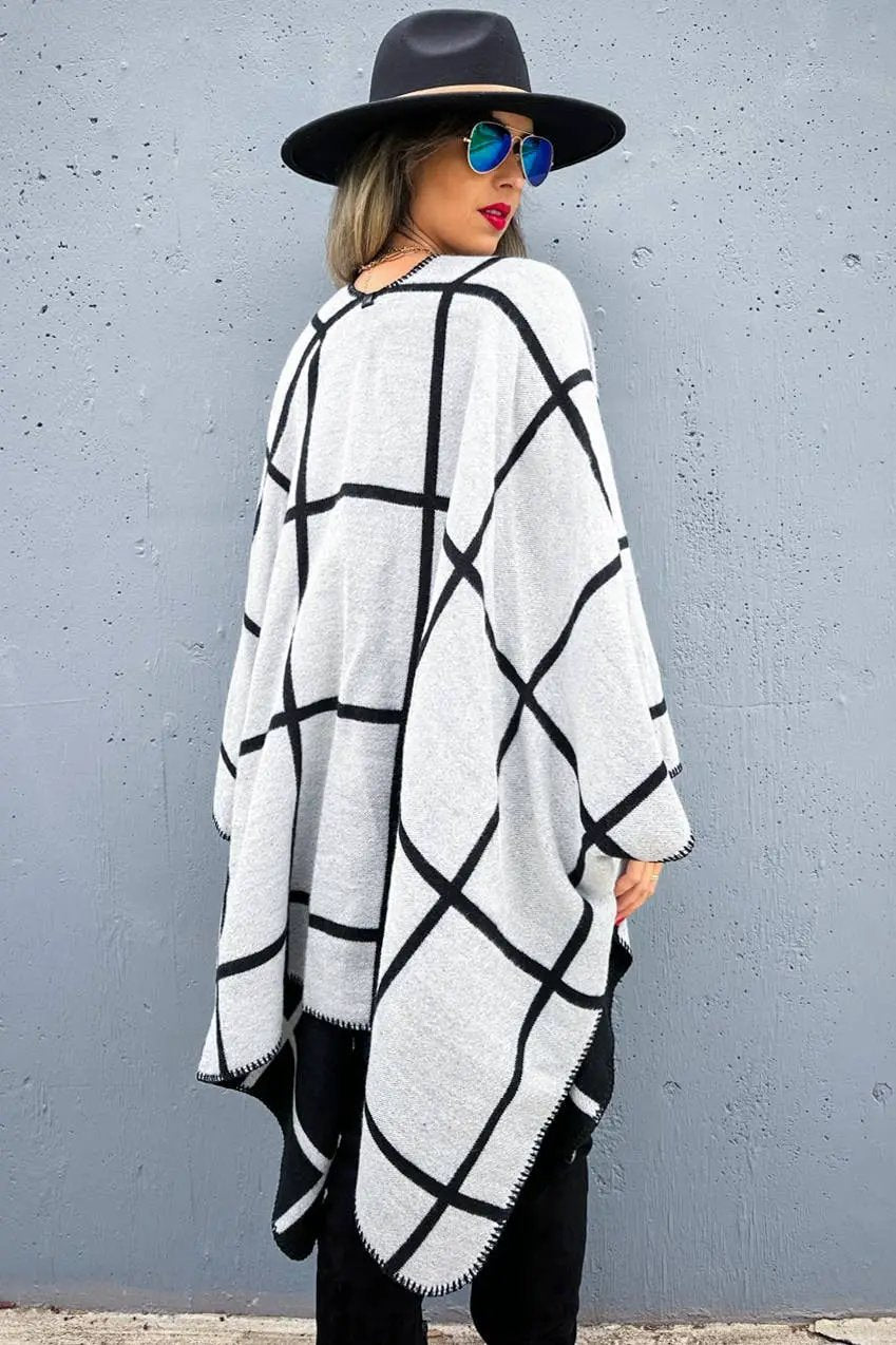 AMOLI AMOLI - Black Grey Dual-Tone Check Printed Cozy Reversible Ruana - Cardigans