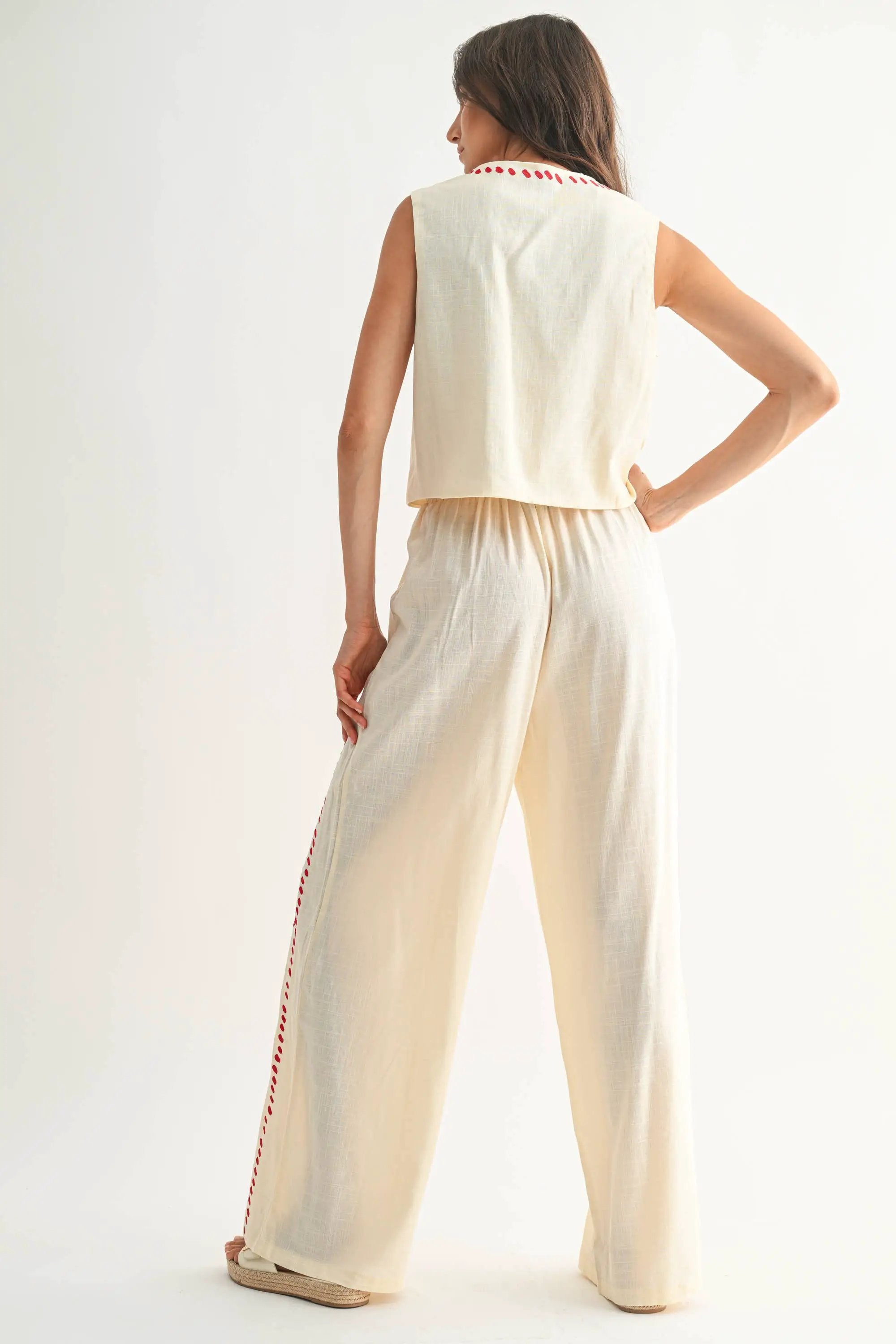 Camellia The Scarlet Stitch Linen Vest & Pant Set – Cream/Red - Outfit Sets