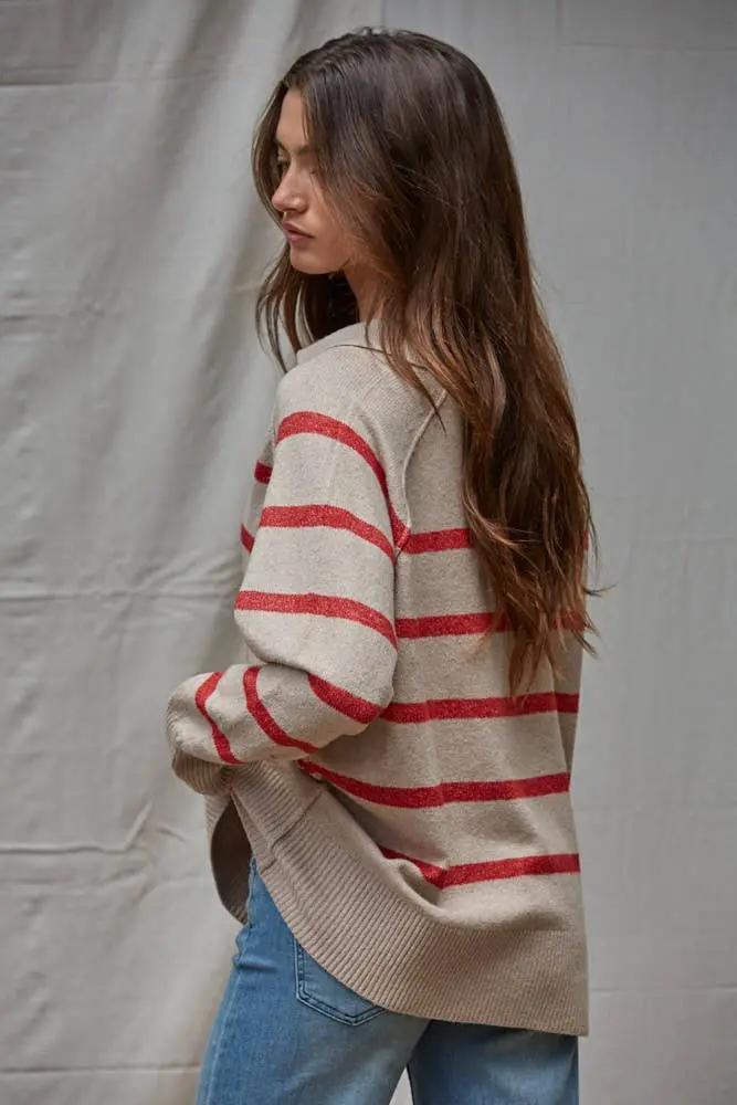 By Together Knit Sweater Striped Collar V-Neck Pullover in Taupe with Red Stripe - Sweaters Knit Sweater Striped Collar V-Neck Pullover