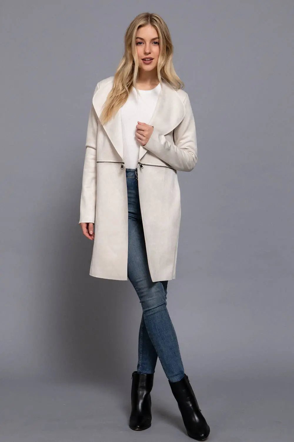 Active Basic | Active USA Active Basic | Active USA - Long Sleeve Front Two Zipper Detail Faux Suede Long Jacket in IVY - Coats & Jackets Long Sleeve Front Two Zipper Detail Faux Suede Long Jacket