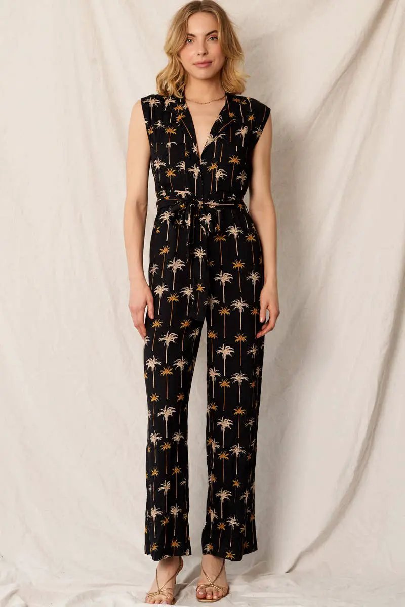 En Crème En Crème Palm Tree Print Cap Sleeve Belted Black Jumpsuit - Dresses