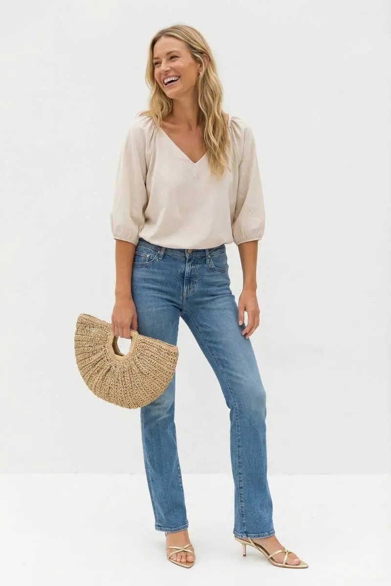 Naked Zebra The Puff Sleeve V-neck Blouse: Tan - Blouses