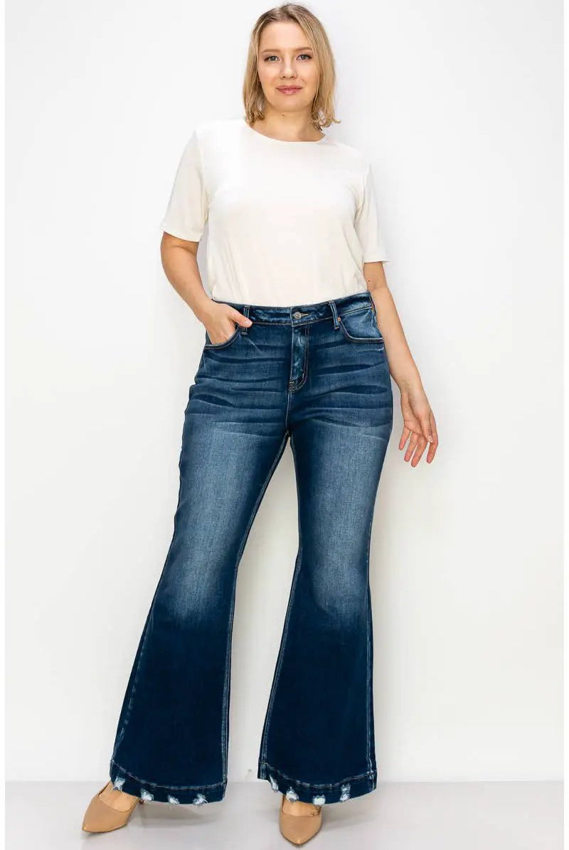 ARTEMIS VINTAGE Artemis Vintage Super Flare with Distressed Wide Hem Mid Rise Jeans PLUS - Jeans