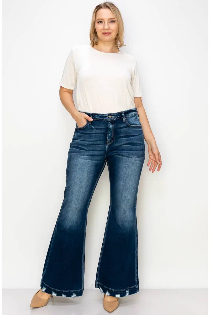 ARTEMIS VINTAGE Artemis Vintage Super Flare with Distressed Wide Hem Mid Rise Jeans PLUS - Jeans