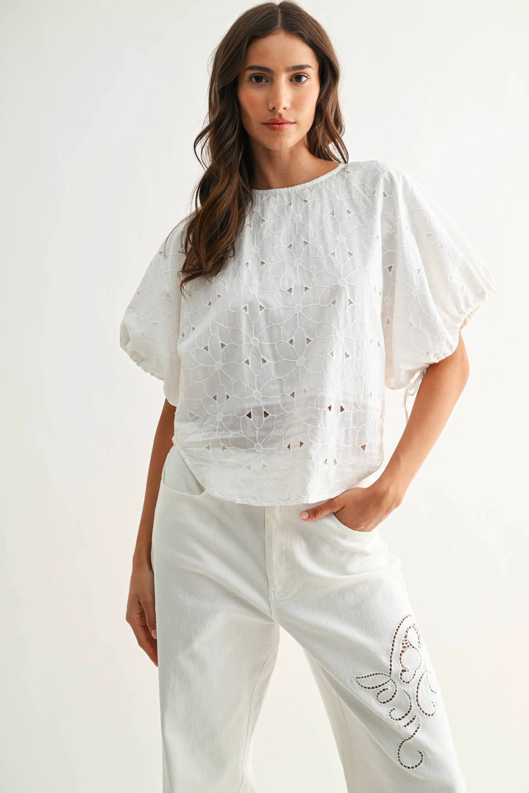 Camellia The Heirloom Stitch Floral Eyelet Cotton Top – Off White - Blouses