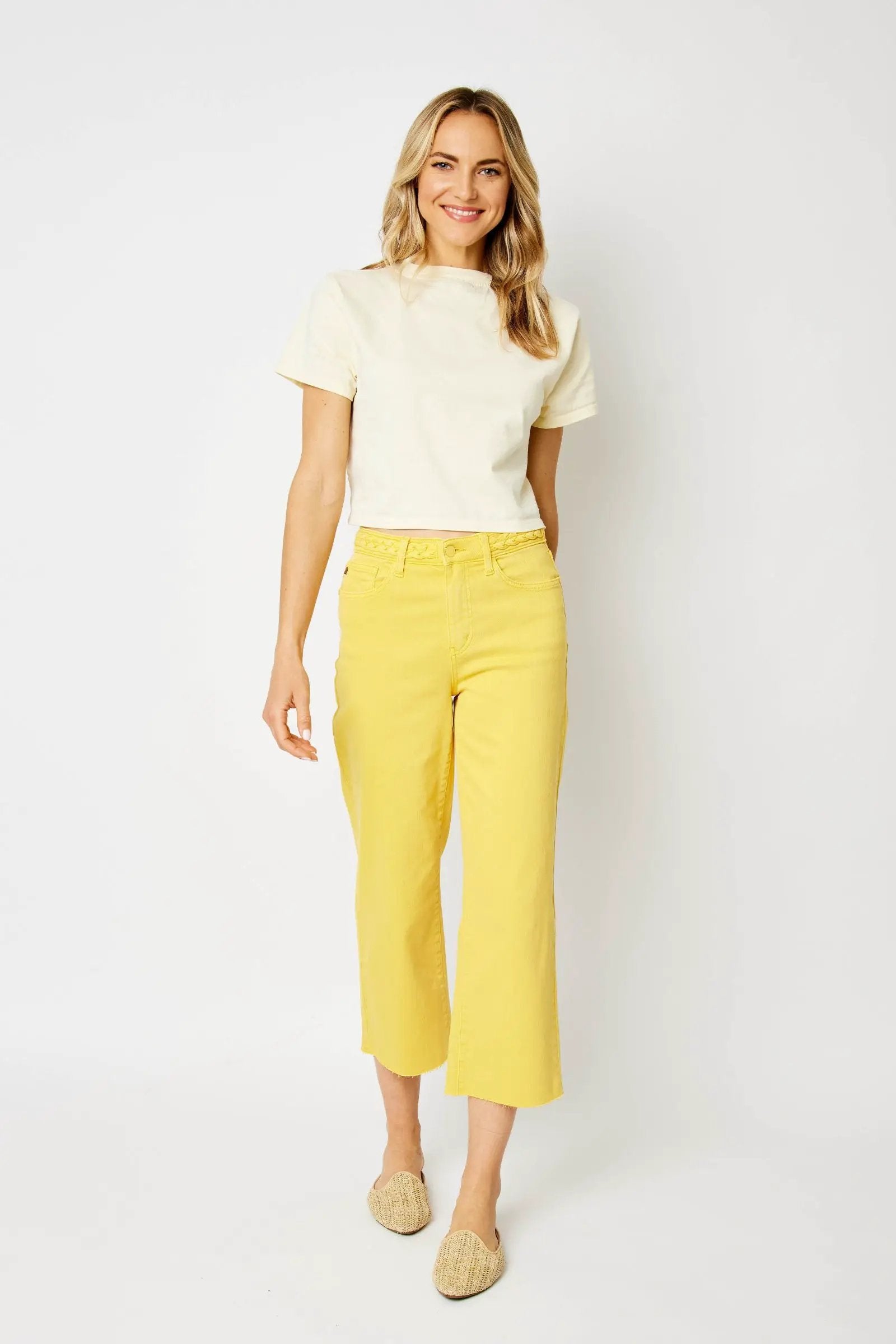 Judy Blue The Braided Waist Band Yellow Cropped Wide Leg Jeans - Jeans Judy Blue High Waisted Yellow Garment Dyed Braided Waist Band Cropped Wide Leg Denim Jeans