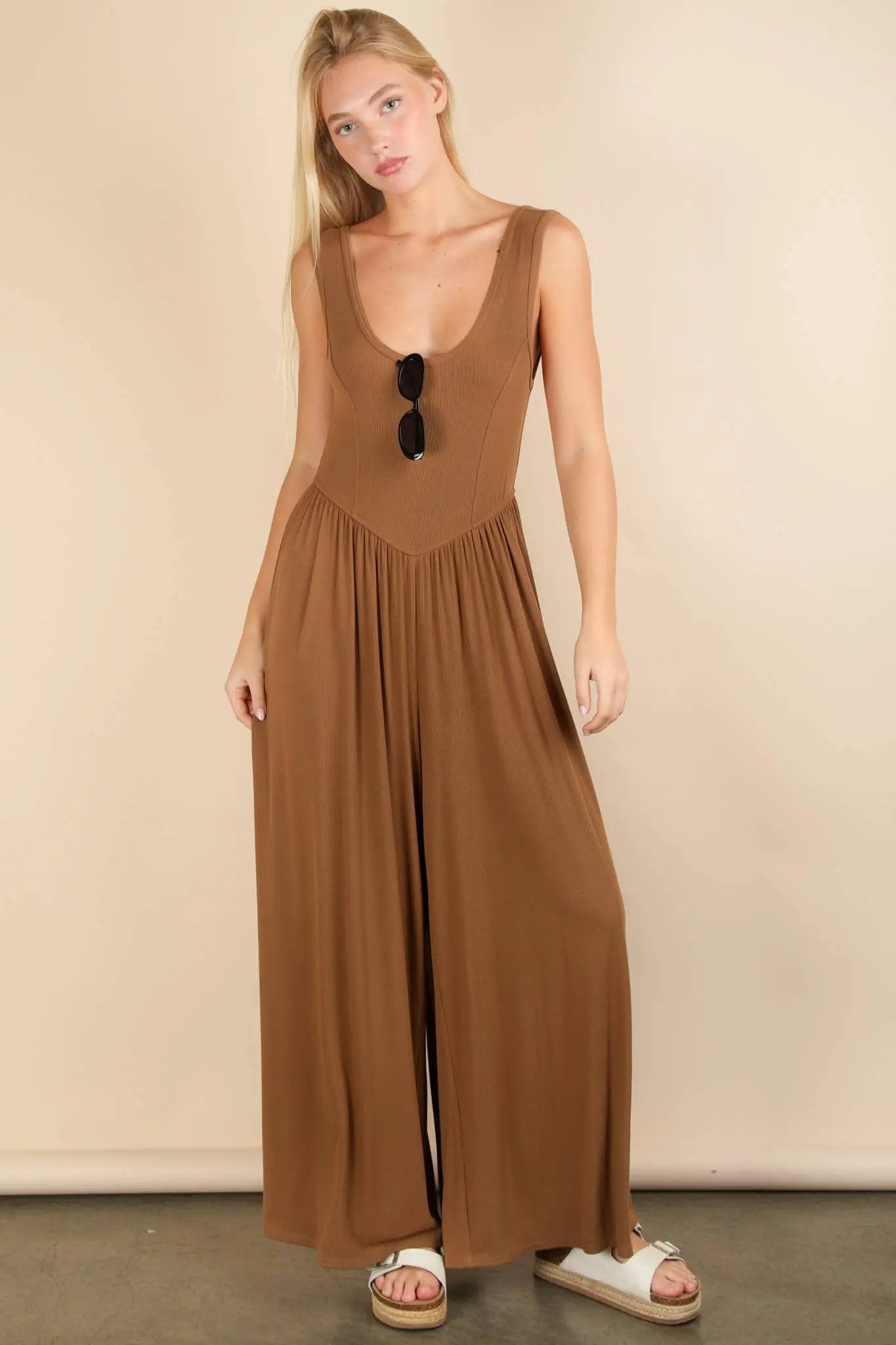 New In Camel Brown Casual Ribbed Knit Sleeveless Jumpsuit - One-Pieces