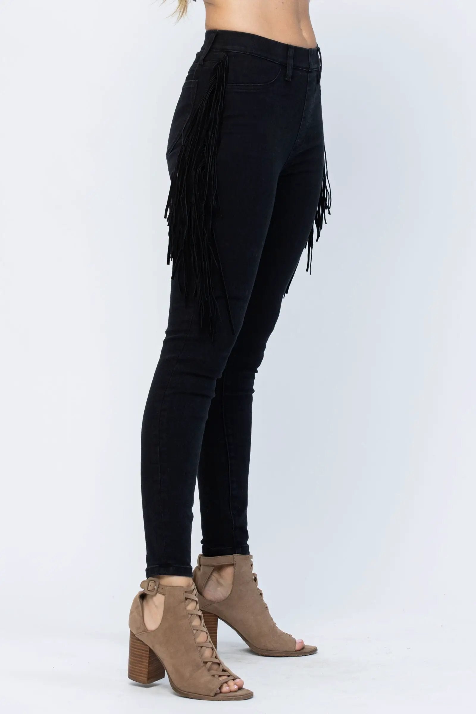 Judy Blue The Side Fringe Skinny Mid Rise Jegging - Jeans Judy Blue Black Jeggings with Side Fringe Skinny Leg MId Rise