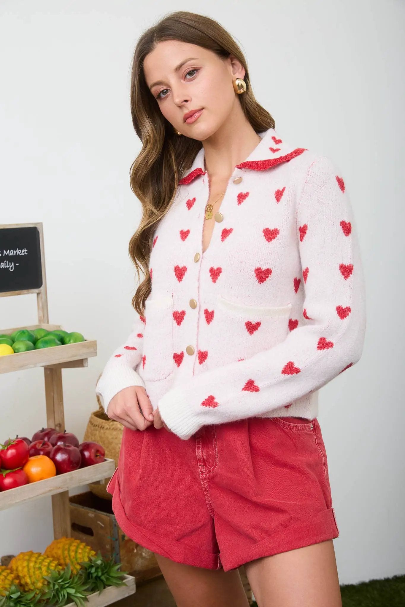Blu Pepper Sweetheart Scallop Button-Down Cardigan – Cream & Red Heart Knit - Cardigans