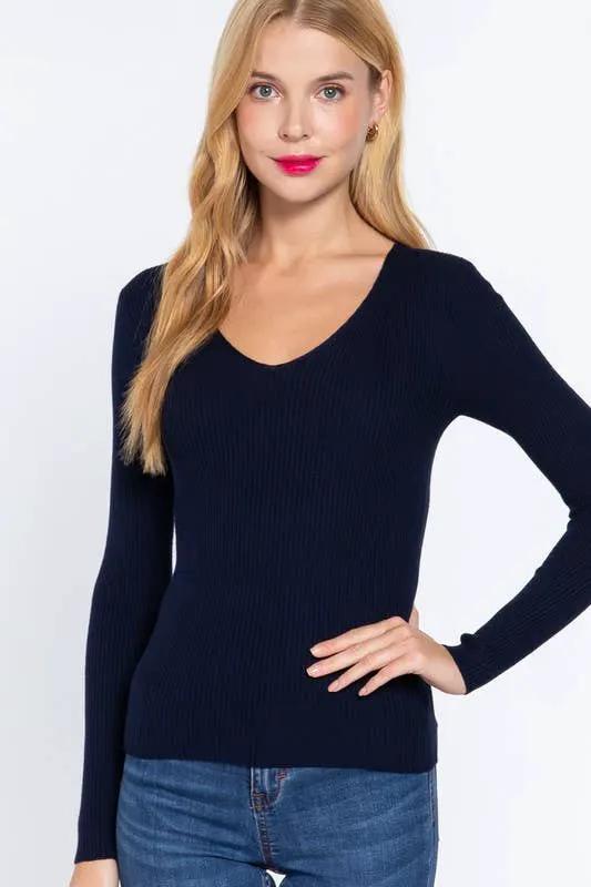 Active Basic | Active USA Navy Nights Ribbed Viscose V-Neck Sweater - Sweaters