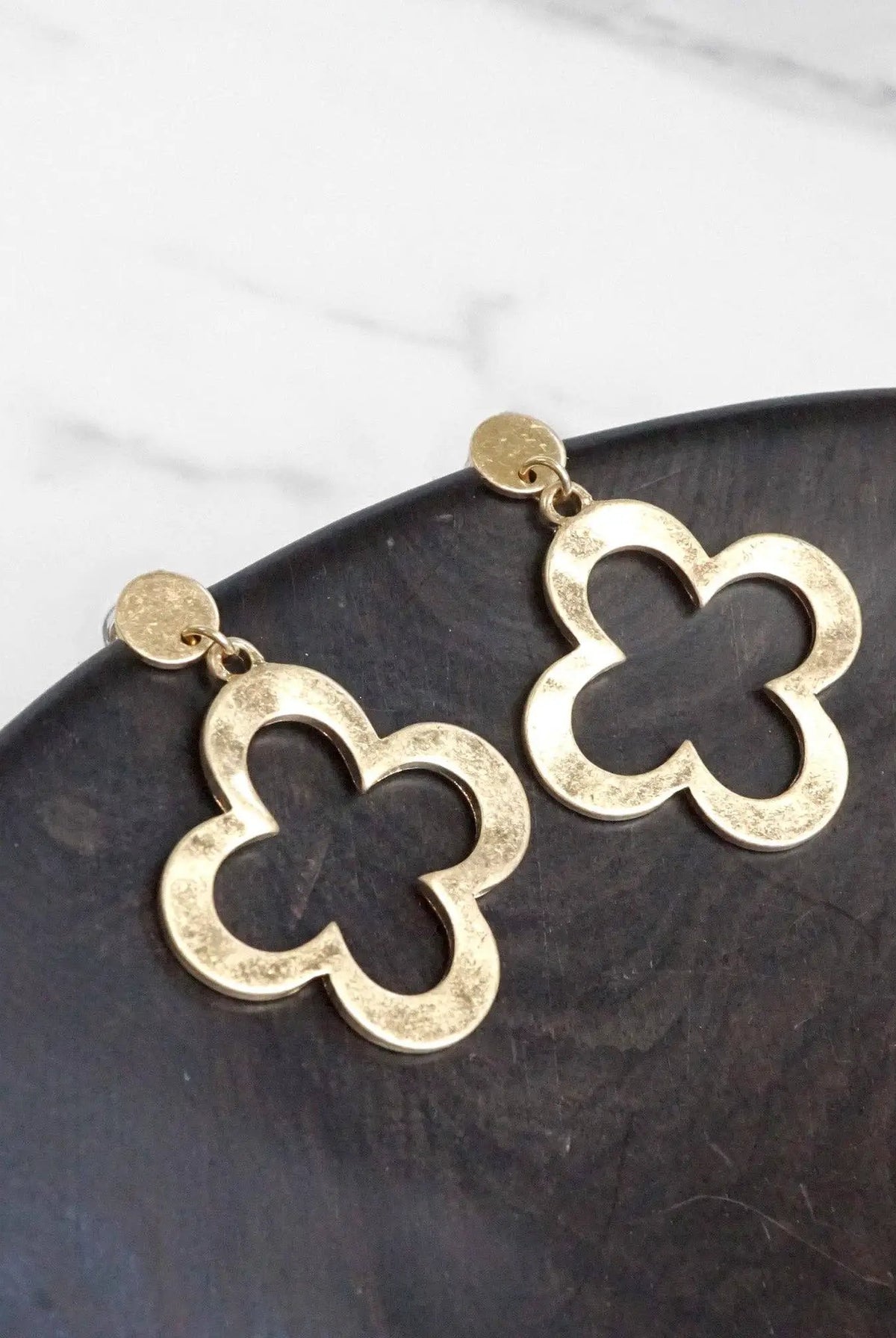 PennyLine inc The Hammered Clover Distressed Drop Earrings: Gold - Jewelry hammered drop earrings