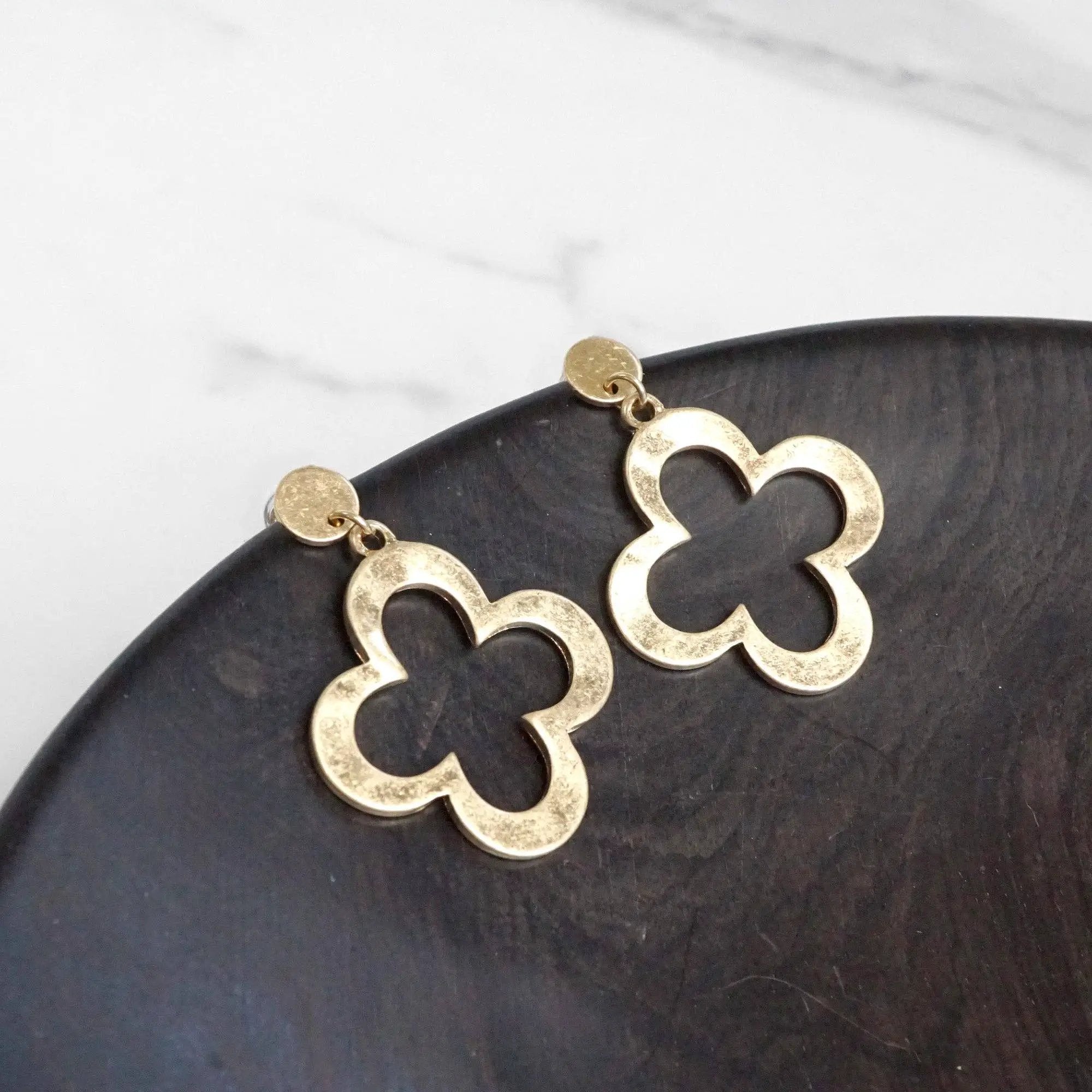 PennyLine inc The Hammered Clover Distressed Drop Earrings: Gold - Jewelry hammered drop earrings