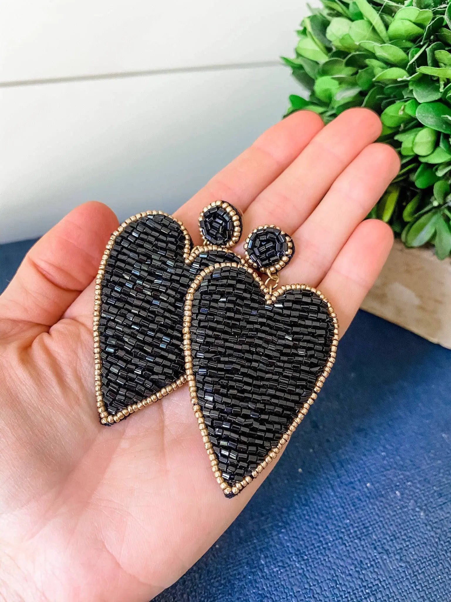 Brookhaven Baubles Black Beaded Heart Earrings with Gold Accents - Earrings black beaded heart earrings