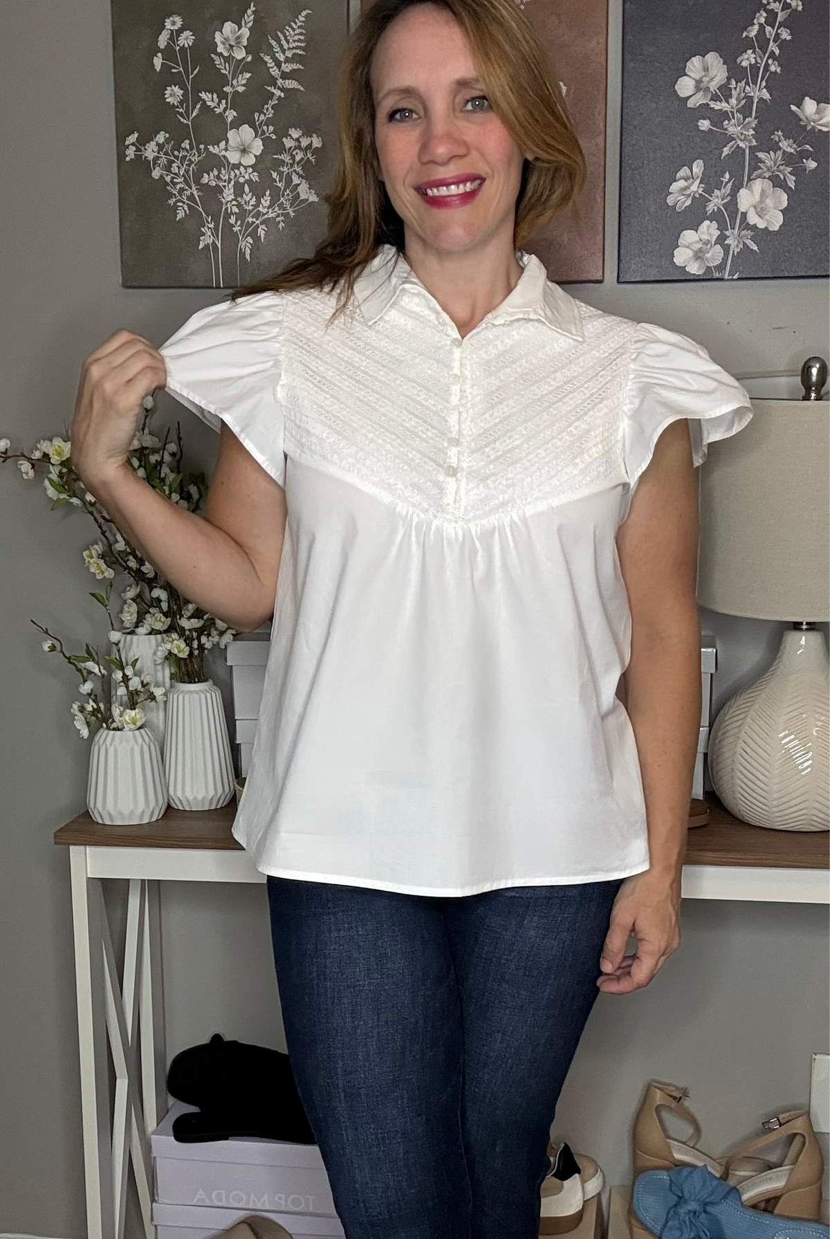 Grateful Threads Boutique White Half Button Lace Patchwork Flutter Sleeve Blouse - Blouses White lace flutter sleeve top