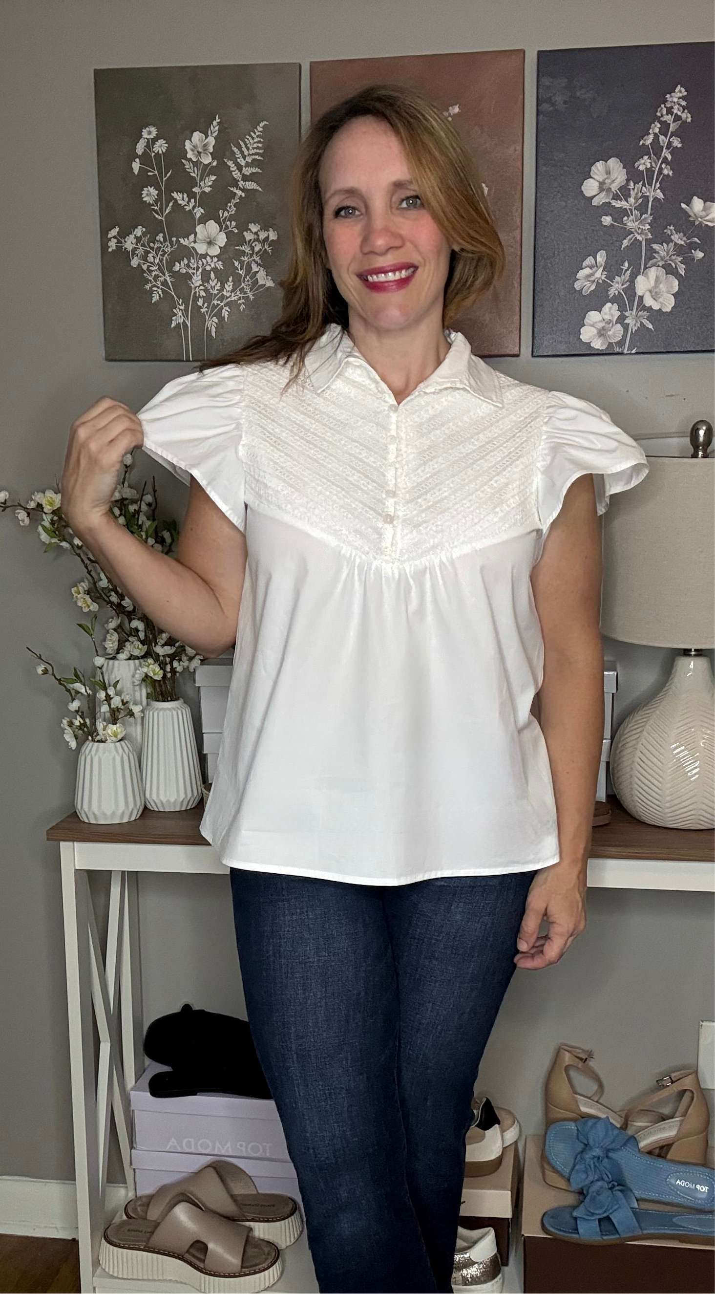 Grateful Threads Boutique White Half Button Lace Patchwork Flutter Sleeve Blouse - Blouses White lace flutter sleeve top