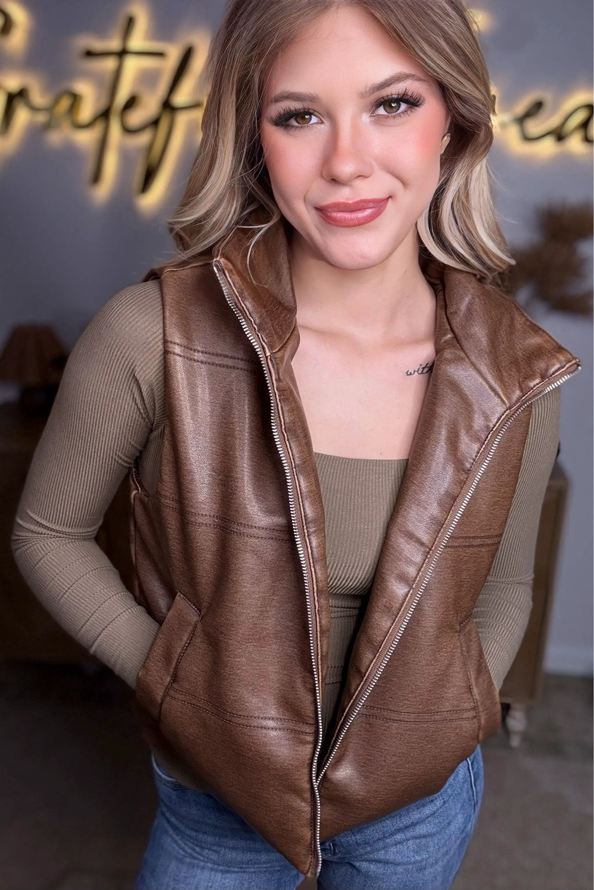 Active Basic | Active USA Active Basic | Active USA - Wash Effect Faux Leather Vest in Hazelnut - Vests Wash Effect Faux Leather Vest