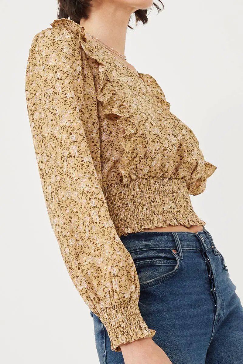 Hayden LA Hayden LA - Women's Smocked Detail Floral Wrap Top: Camel - Blouses top-blouse