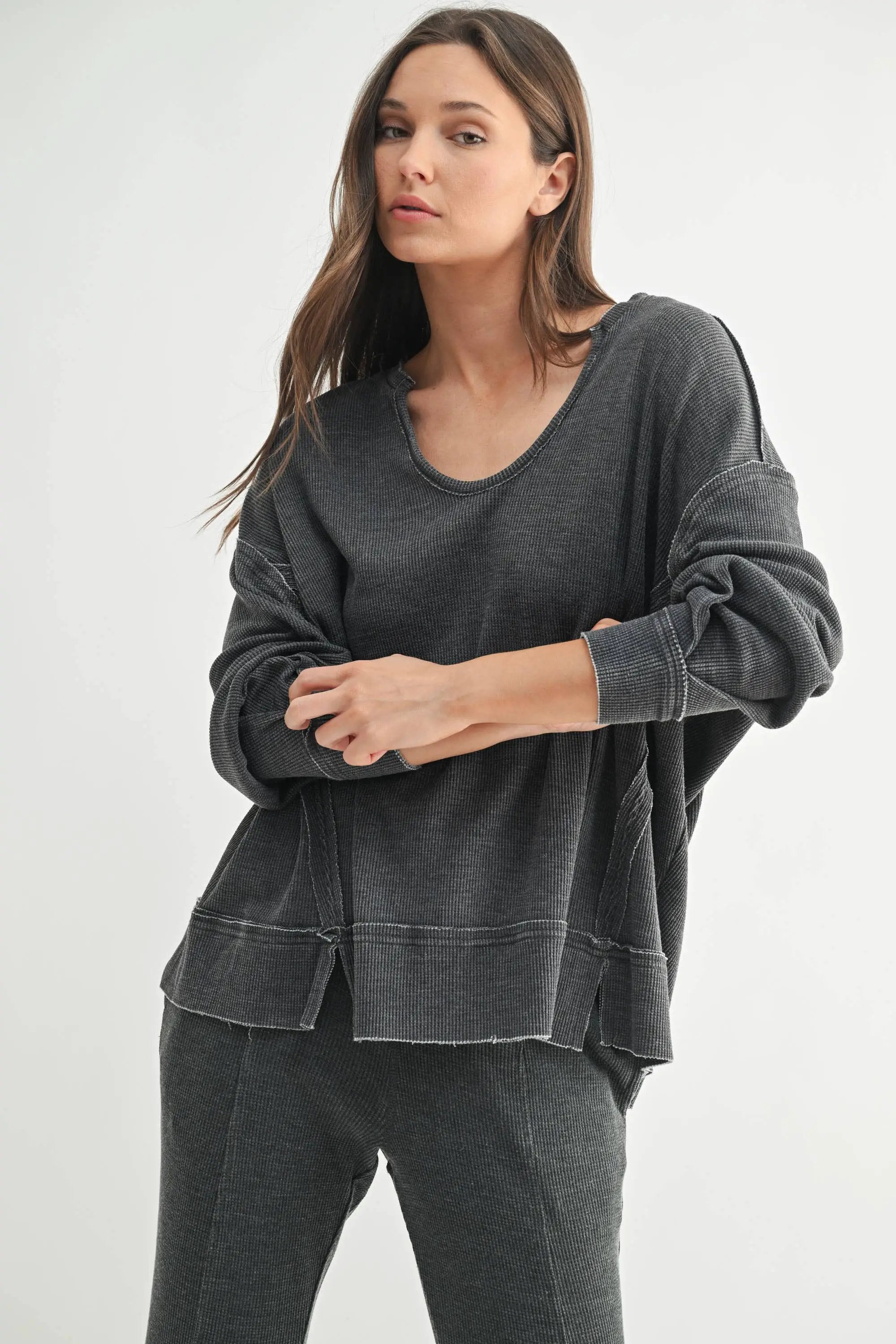 Mono B Mono B - Cotton Blend Waffle Knit Oversized Long Sleeve - Sweatshirts Mono B - Cotton Blend Waffle Knit Oversized Long Sleeve