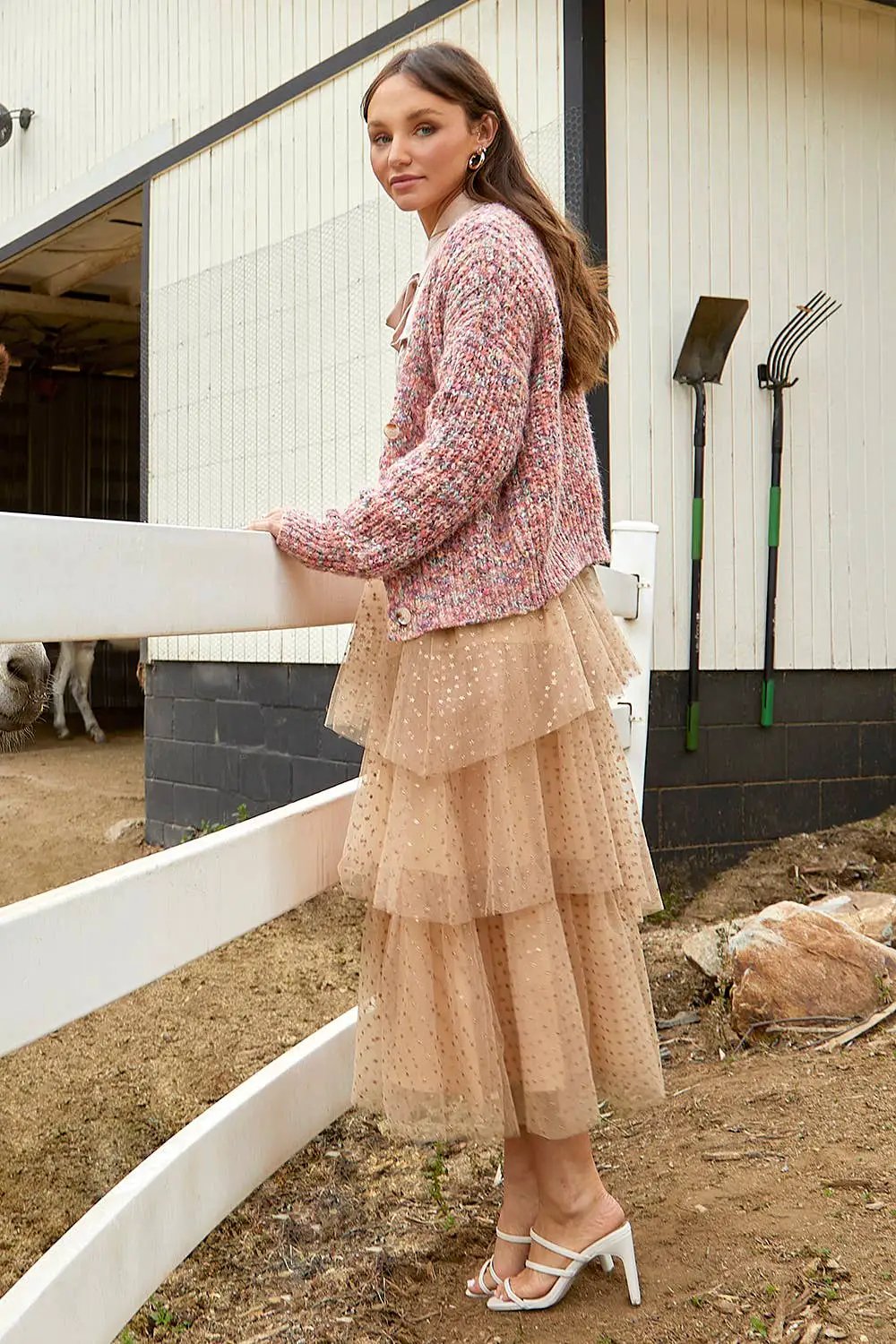 Mystree Mystree Peach/Gold Asymmetrical Tiered Ruffle Tulle Skirt - Skirts