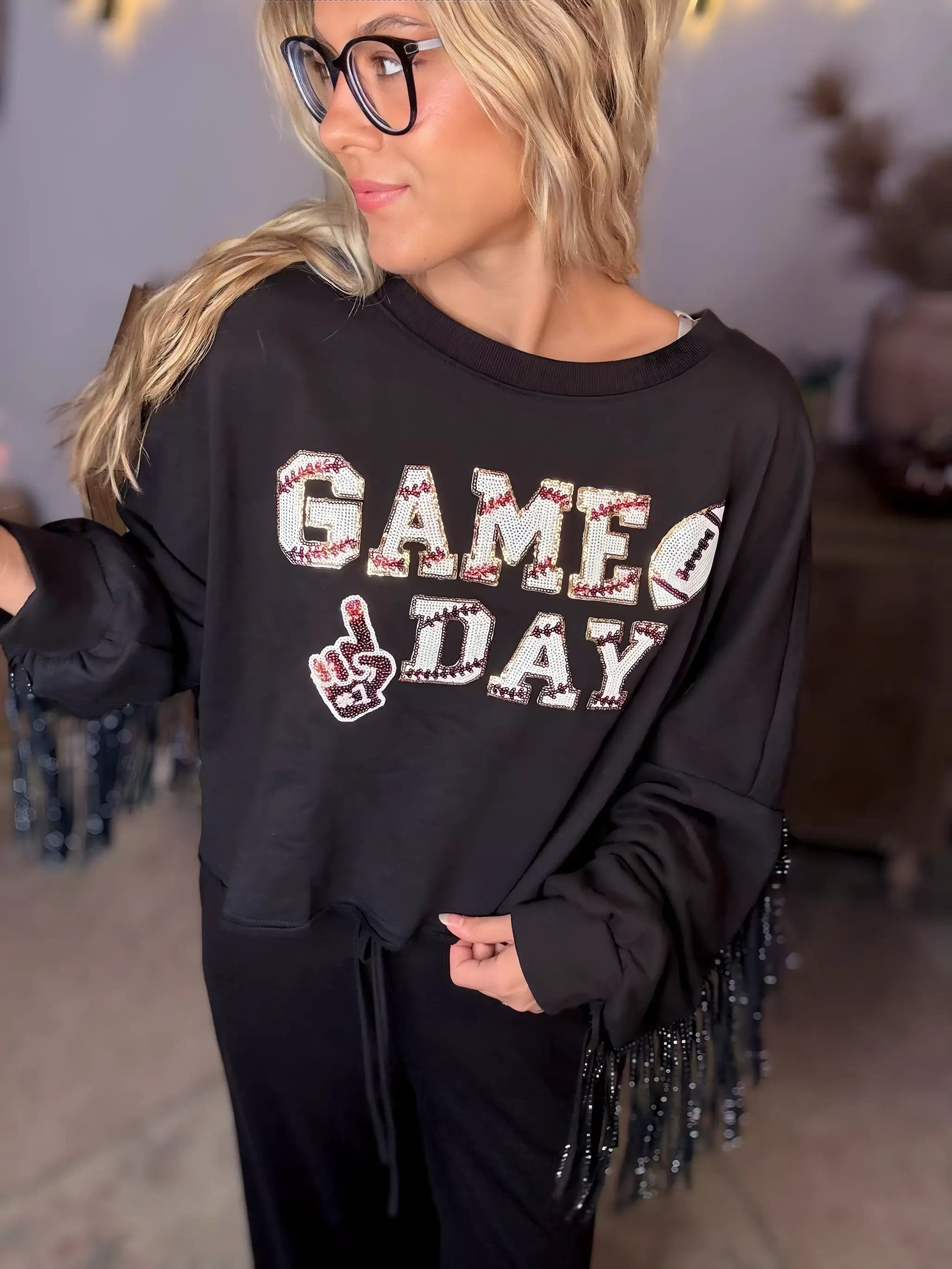 Grateful Threads Boutique Black GAME DAY Sequined Tassel Cropped Sweatshirt - Sweatshirts Black GAME DAY Rugby Sequined Tasseled Cropped Sweatshirt