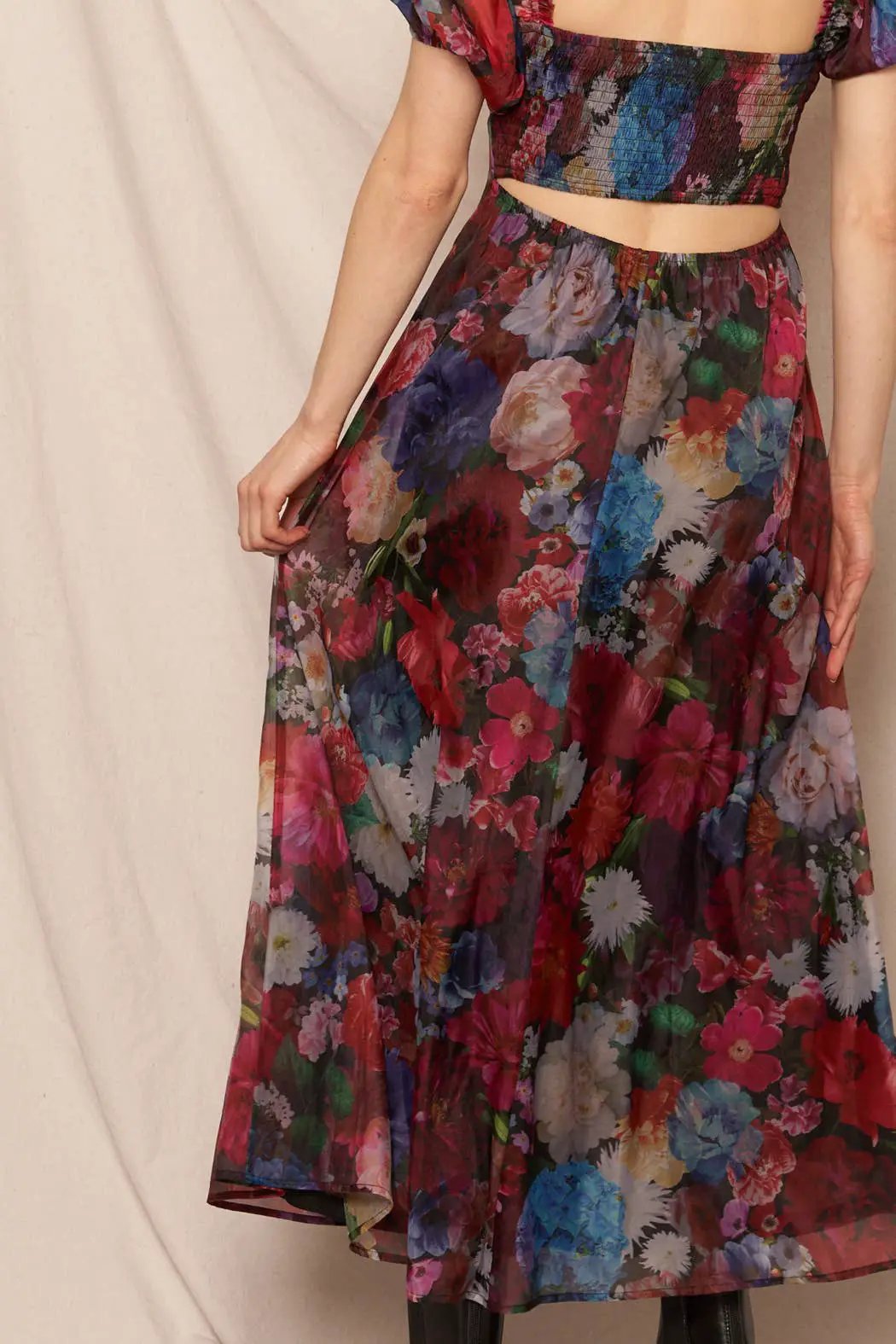 En Crème En Crème Black Multi Puff Sleeve Floral Midi Dress - Dresses